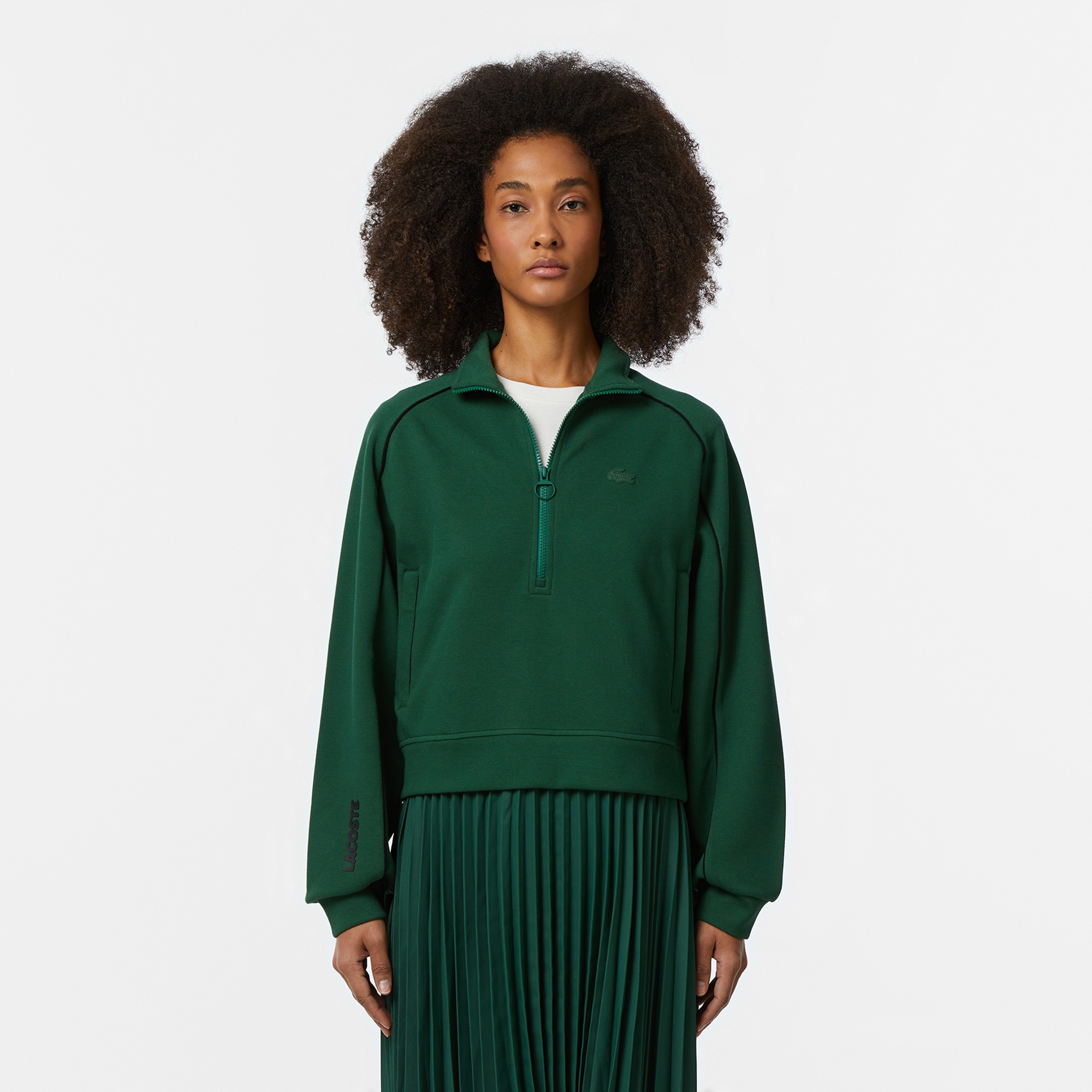 Lacoste Kadın Flare Fit Uzun Kollu Yarım Fermuarlı Yaka Koyu Yeşil Elbise