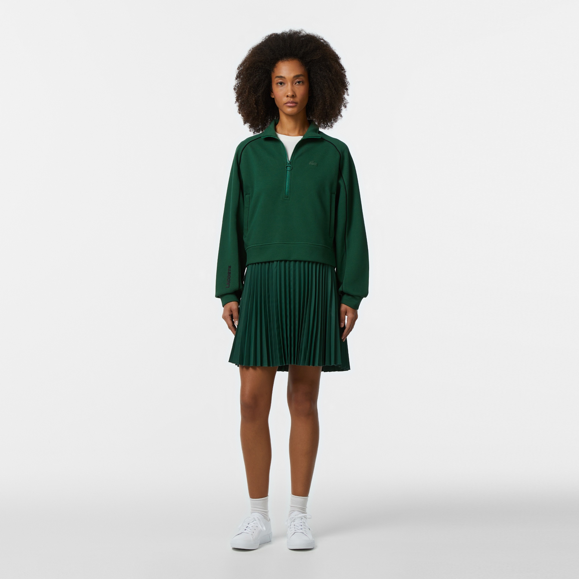 Lacoste Kadın Flare Fit Uzun Kollu Yarım Fermuarlı Yaka Koyu Yeşil Elbise
