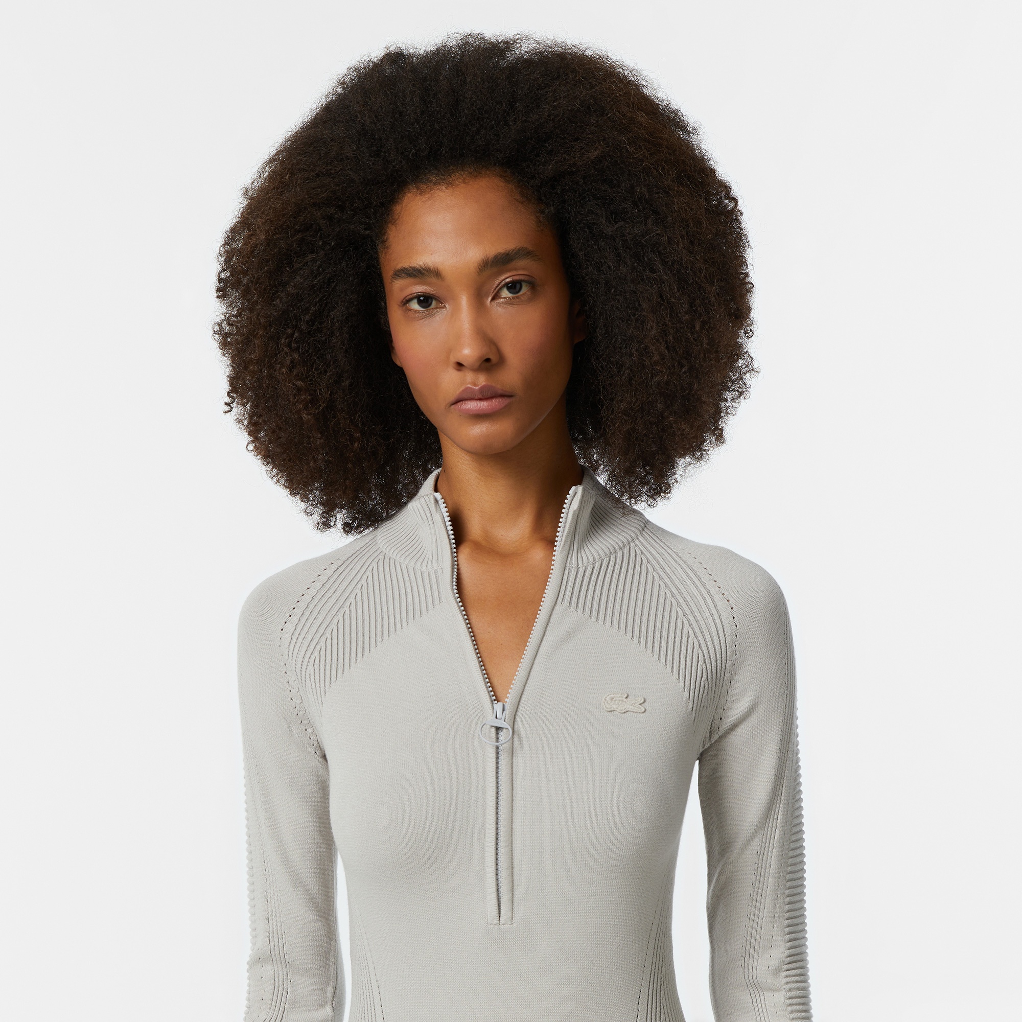 Lacoste Kadın Slim Fit Uzun Kollu Yarım Fermuarlı Gri Elbise