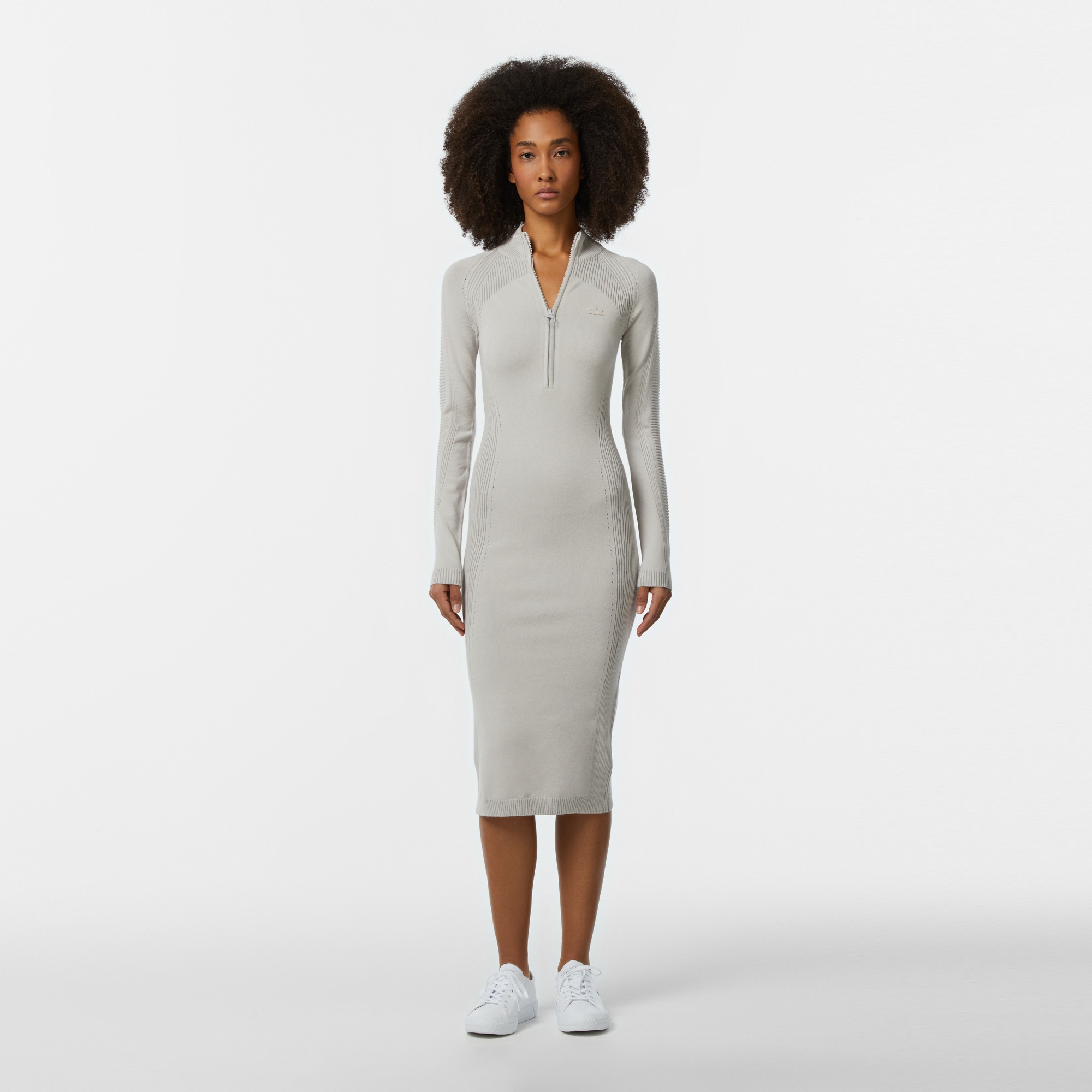 Lacoste Kadın Slim Fit Uzun Kollu Yarım Fermuarlı Gri Elbise