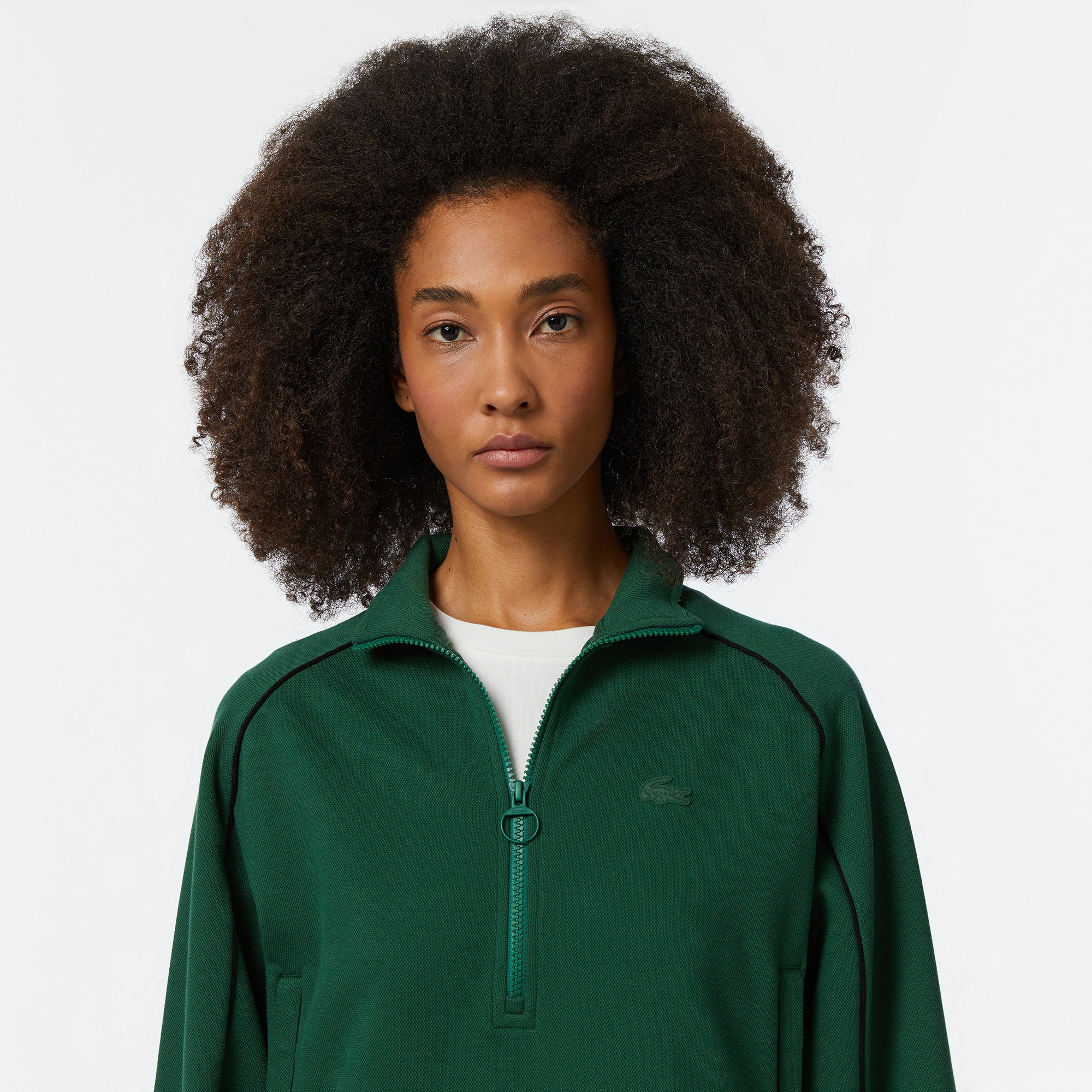 Lacoste Kadın Flare Fit Uzun Kollu Yarım Fermuarlı Yaka Koyu Yeşil Elbise