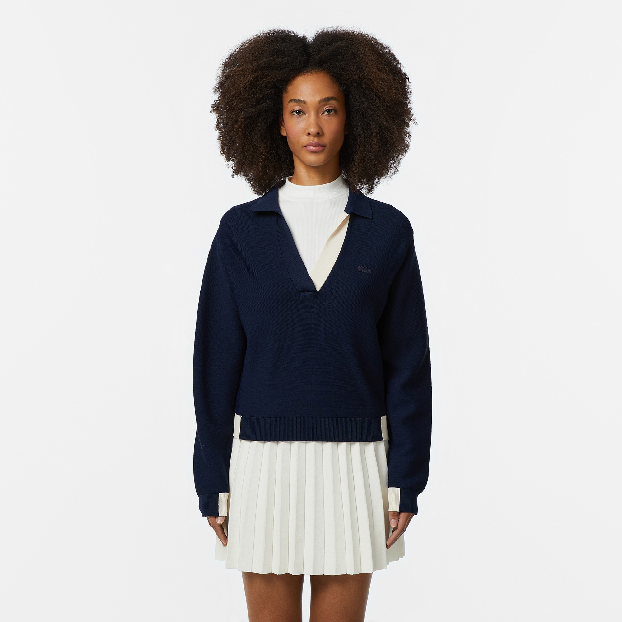 Lacoste Kadın Regular Fit Polo Yaka Renk Bloklu Lacivert Triko