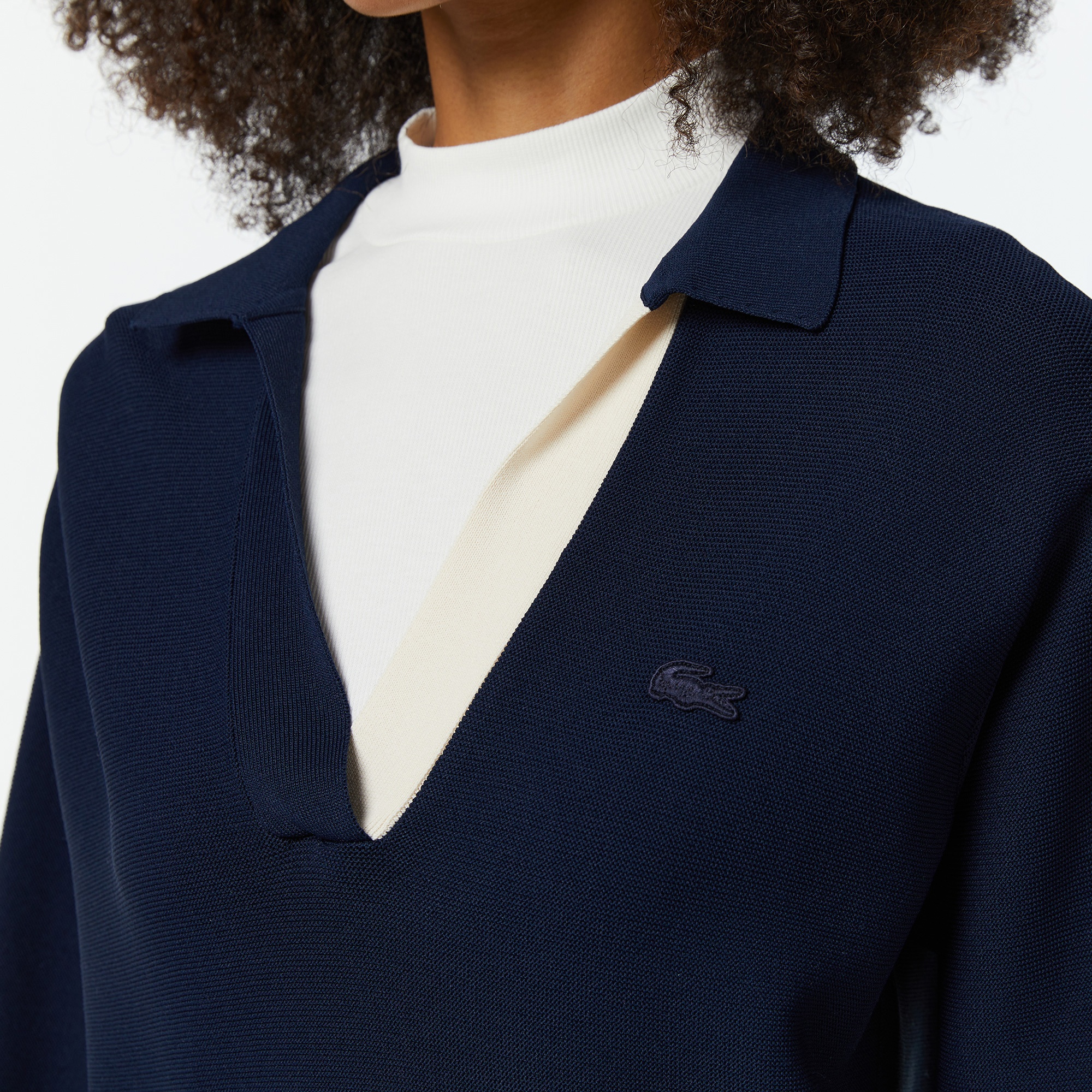 Lacoste Kadın Regular Fit Polo Yaka Renk Bloklu Lacivert Triko