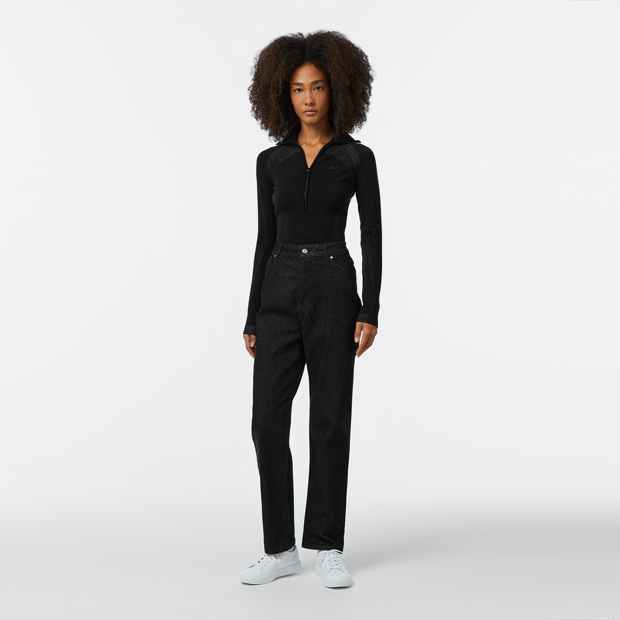 Lacoste Kadın Slim Fit Yarım Fermuarlı Siyah Triko