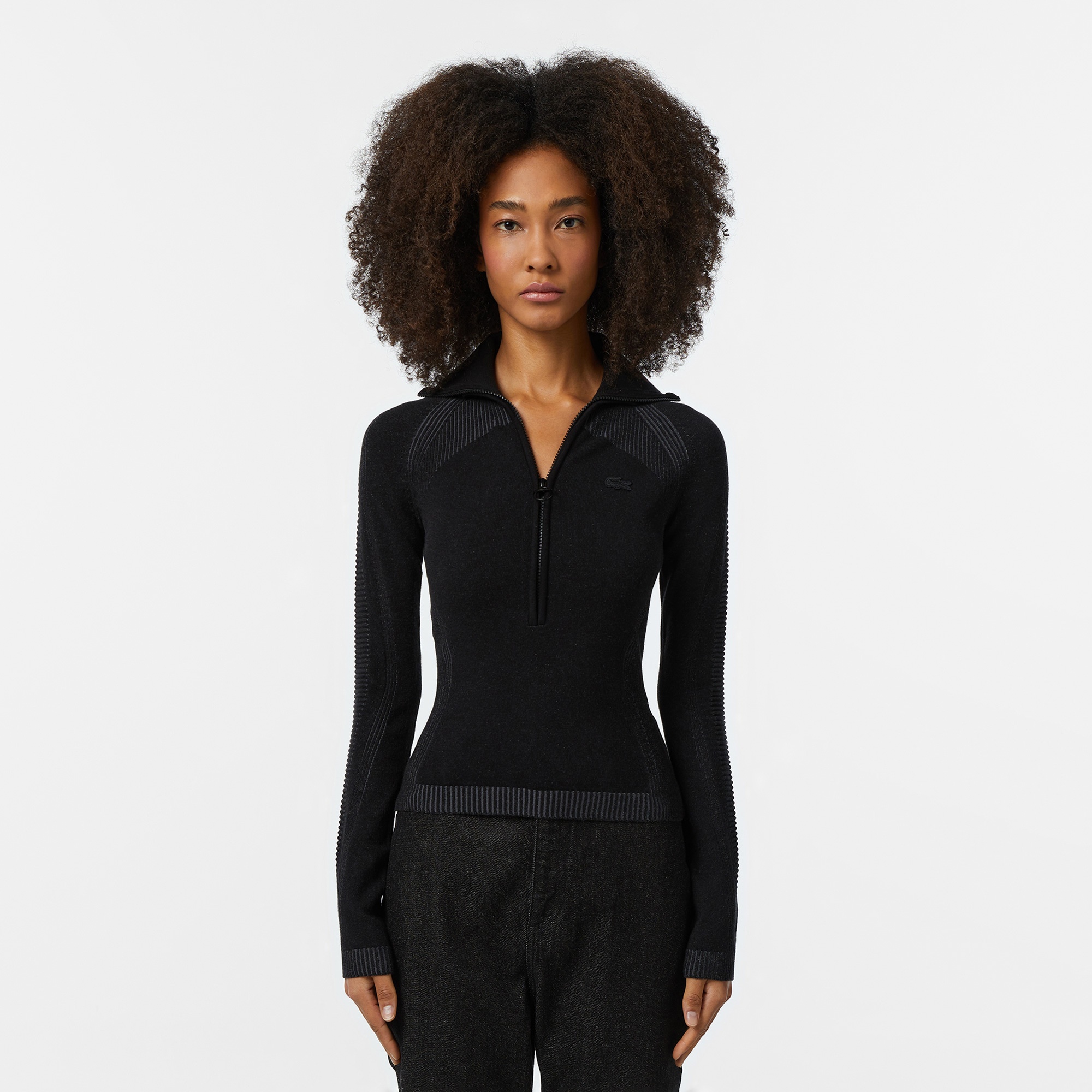 Lacoste Kadın Slim Fit Yarım Fermuarlı Siyah Triko