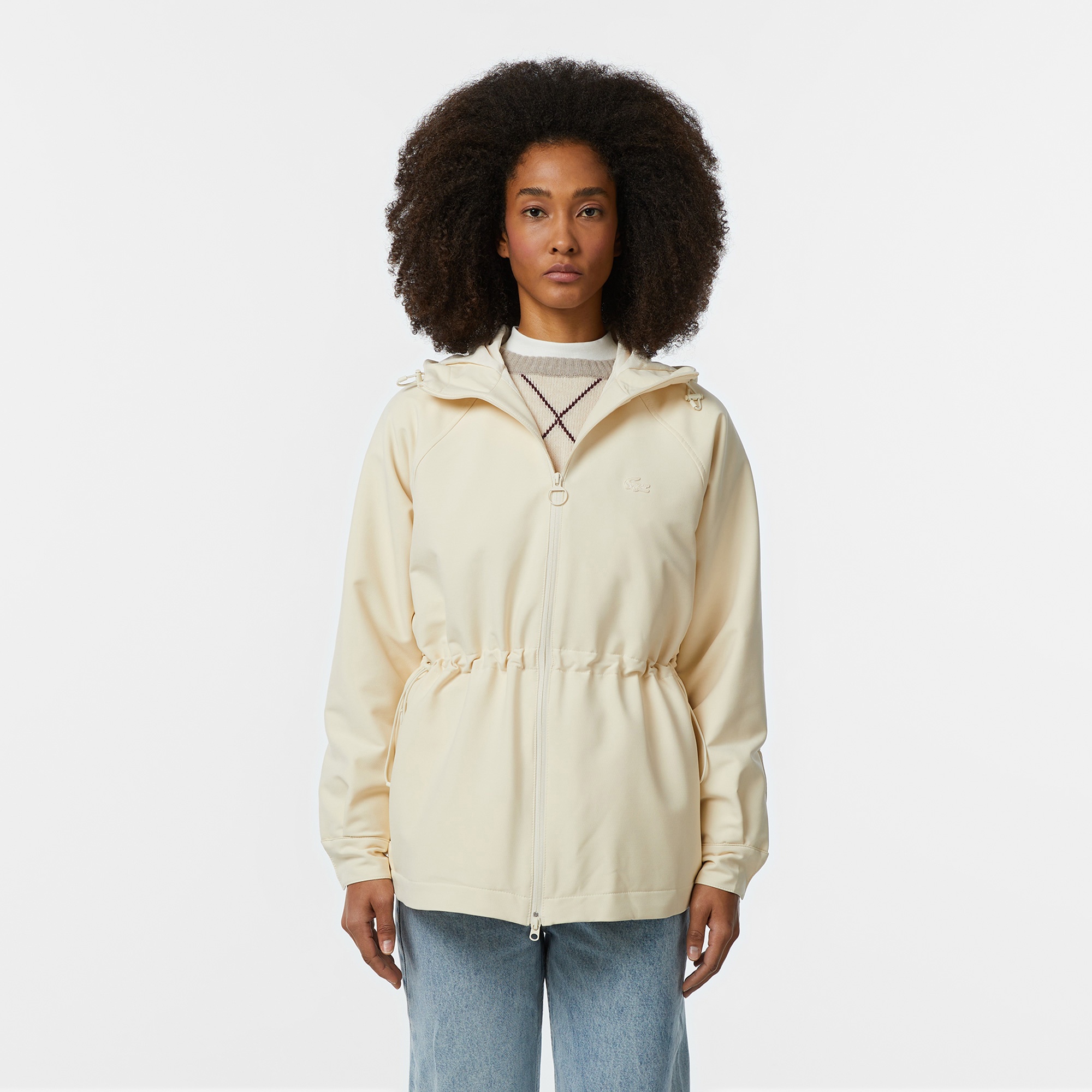 Lacoste Kadın Relaxed Fit Kapüşonlu Krem Yağmurluk