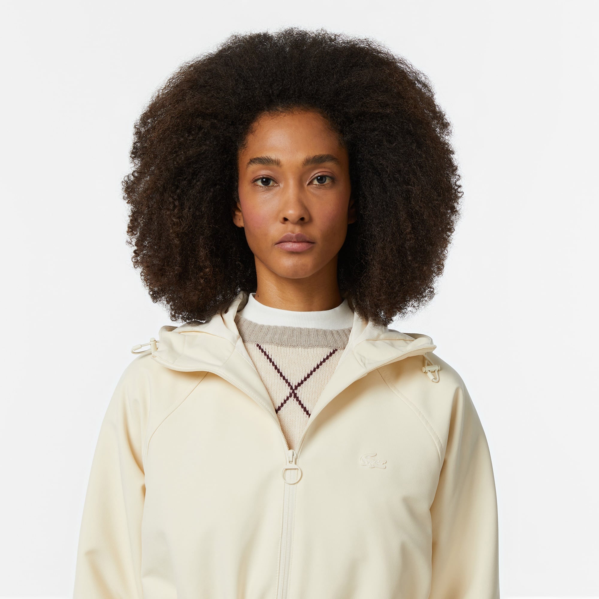 Lacoste Kadın Relaxed Fit Kapüşonlu Krem Yağmurluk