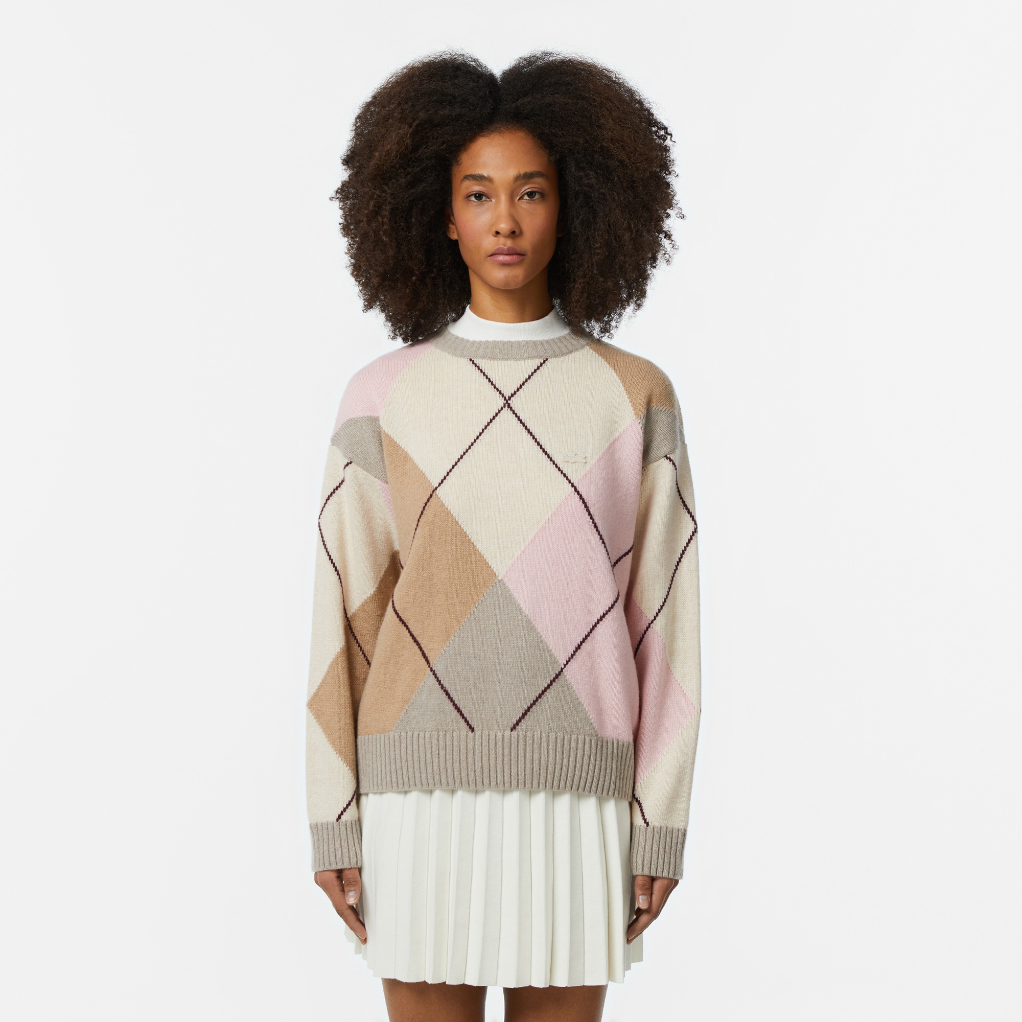 Lacoste Kadın Regular Fit Bisiklet Yaka Renk Bloklu Bej Triko