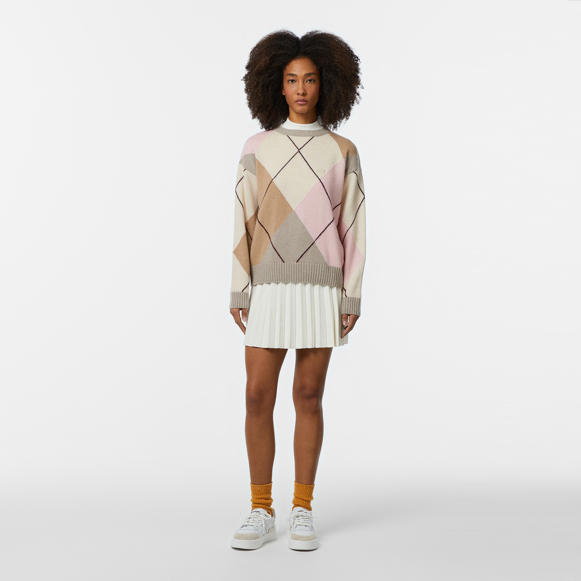 Lacoste Kadın Regular Fit Bisiklet Yaka Renk Bloklu Bej Triko