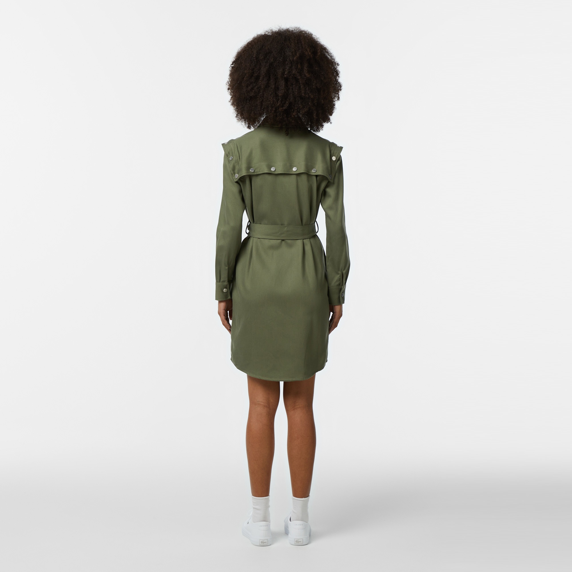 Lacoste Kadın Relaxed Fit Uzun Kollu Gömlek Yaka Haki Elbise