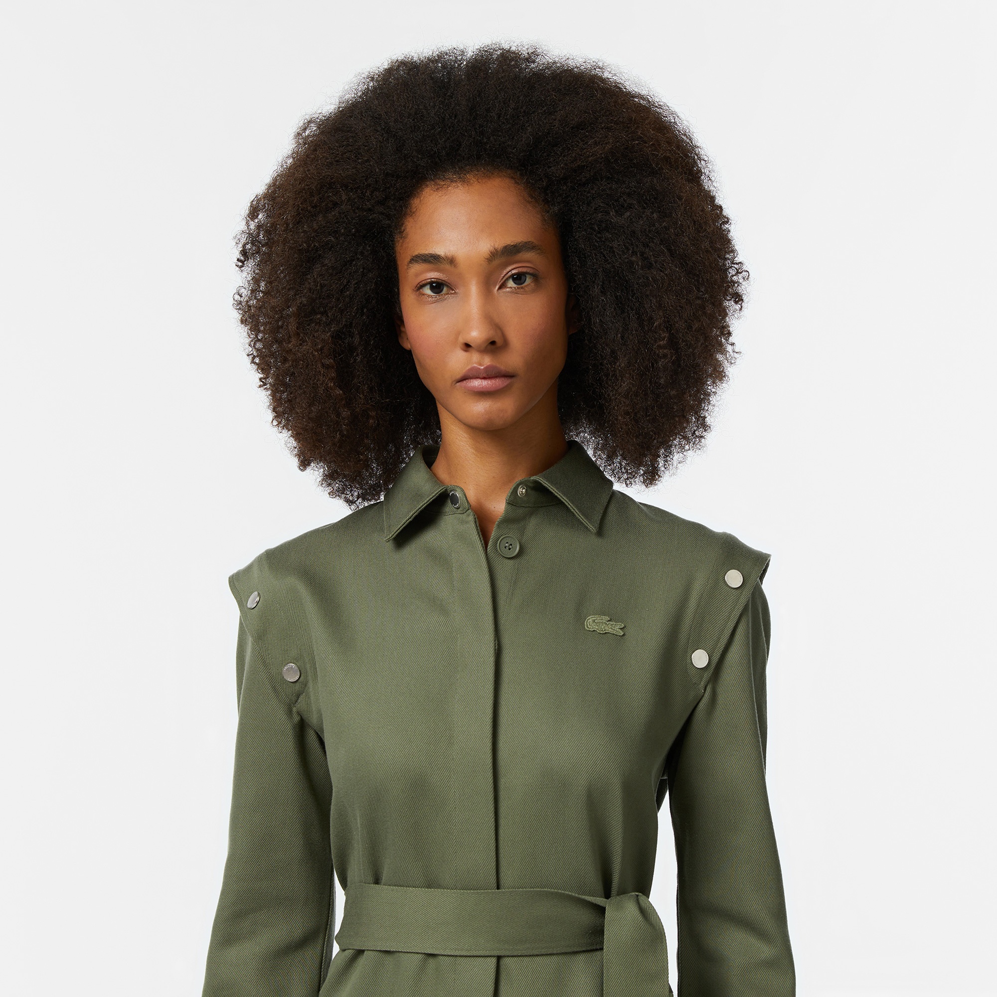 Lacoste Kadın Relaxed Fit Uzun Kollu Gömlek Yaka Haki Elbise