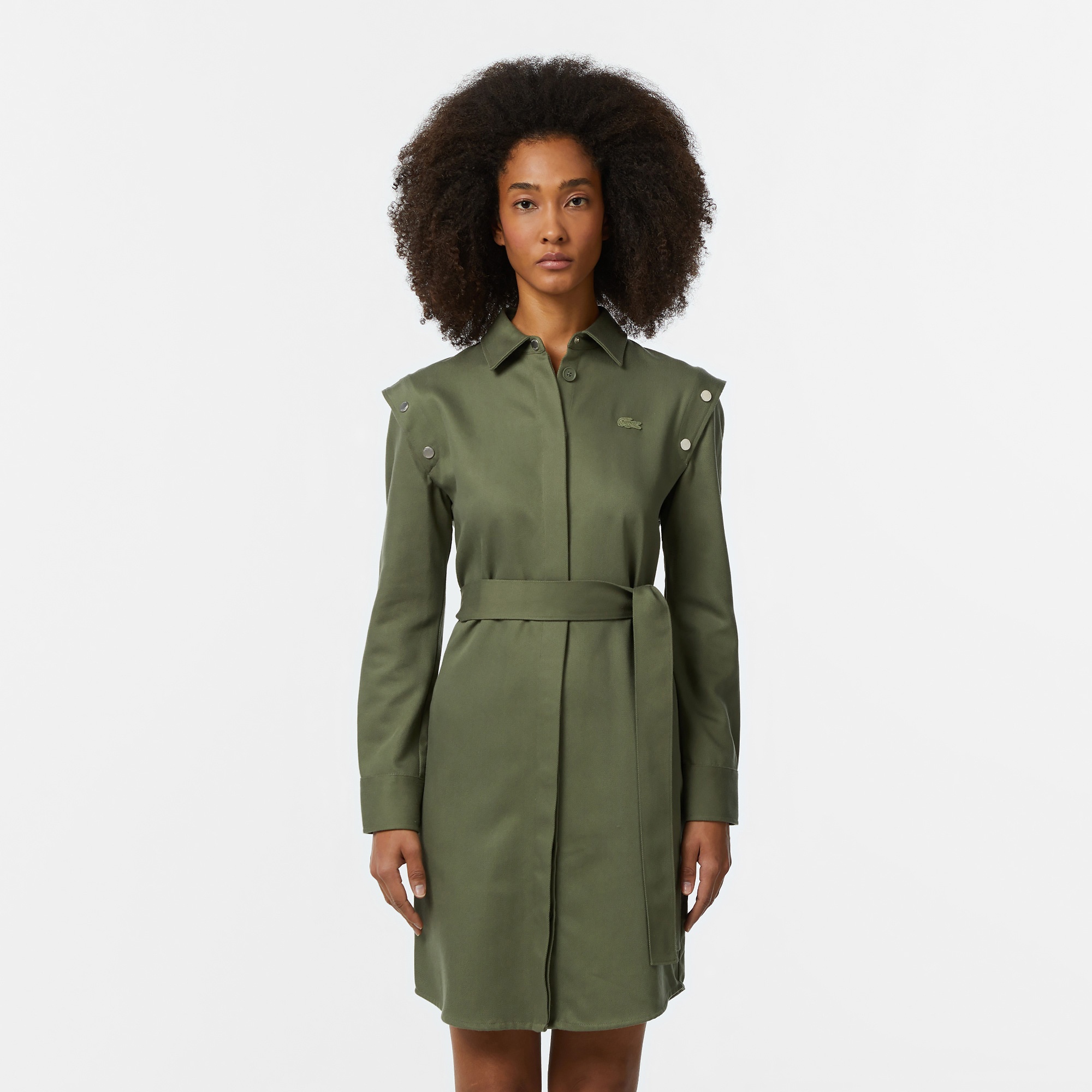 Lacoste Kadın Relaxed Fit Uzun Kollu Gömlek Yaka Haki Elbise