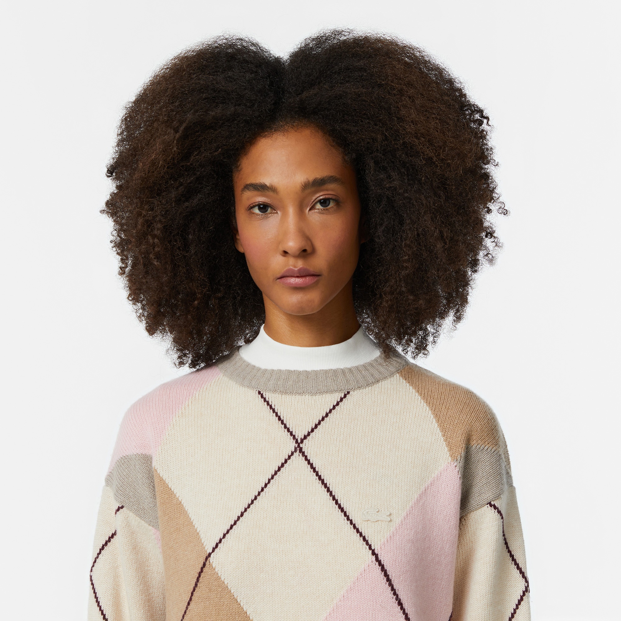 Lacoste Kadın Regular Fit Bisiklet Yaka Renk Bloklu Bej Triko