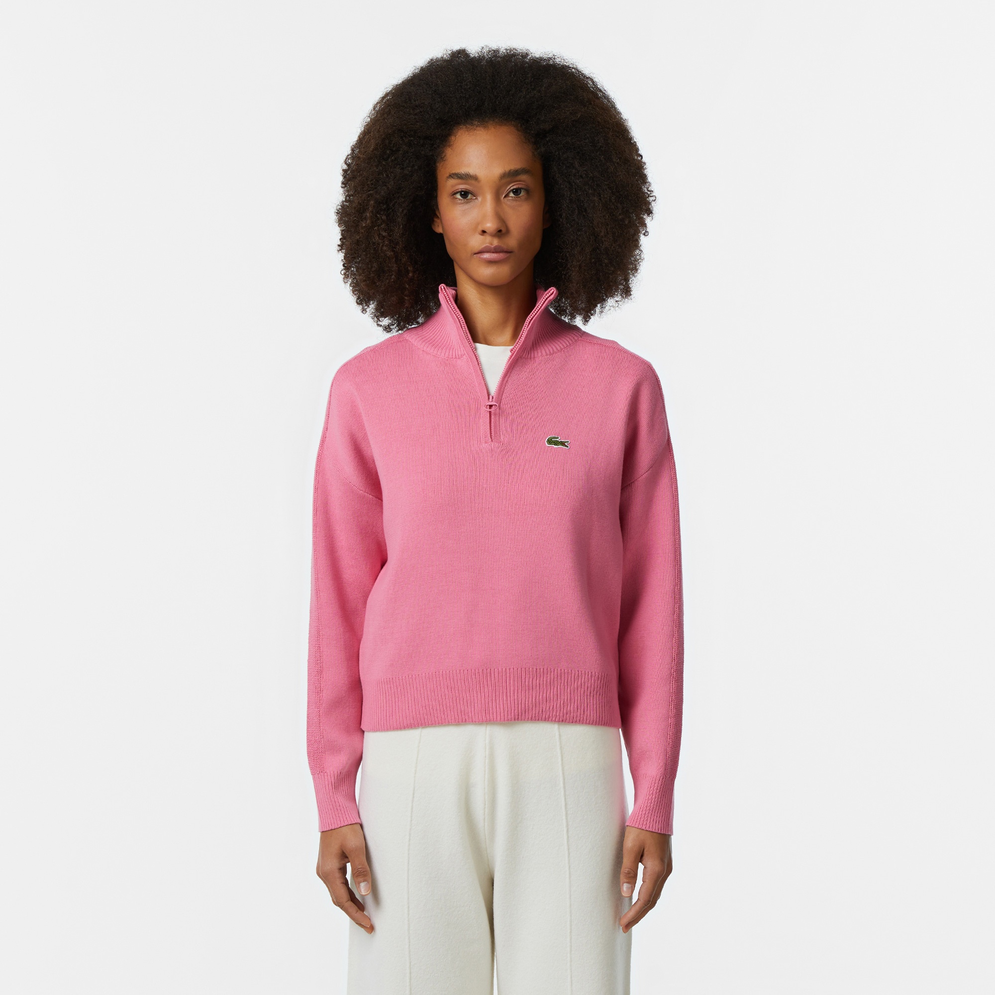 Lacoste Kadın Relaxed Fit Yarım Fermuarlı Pembe Triko