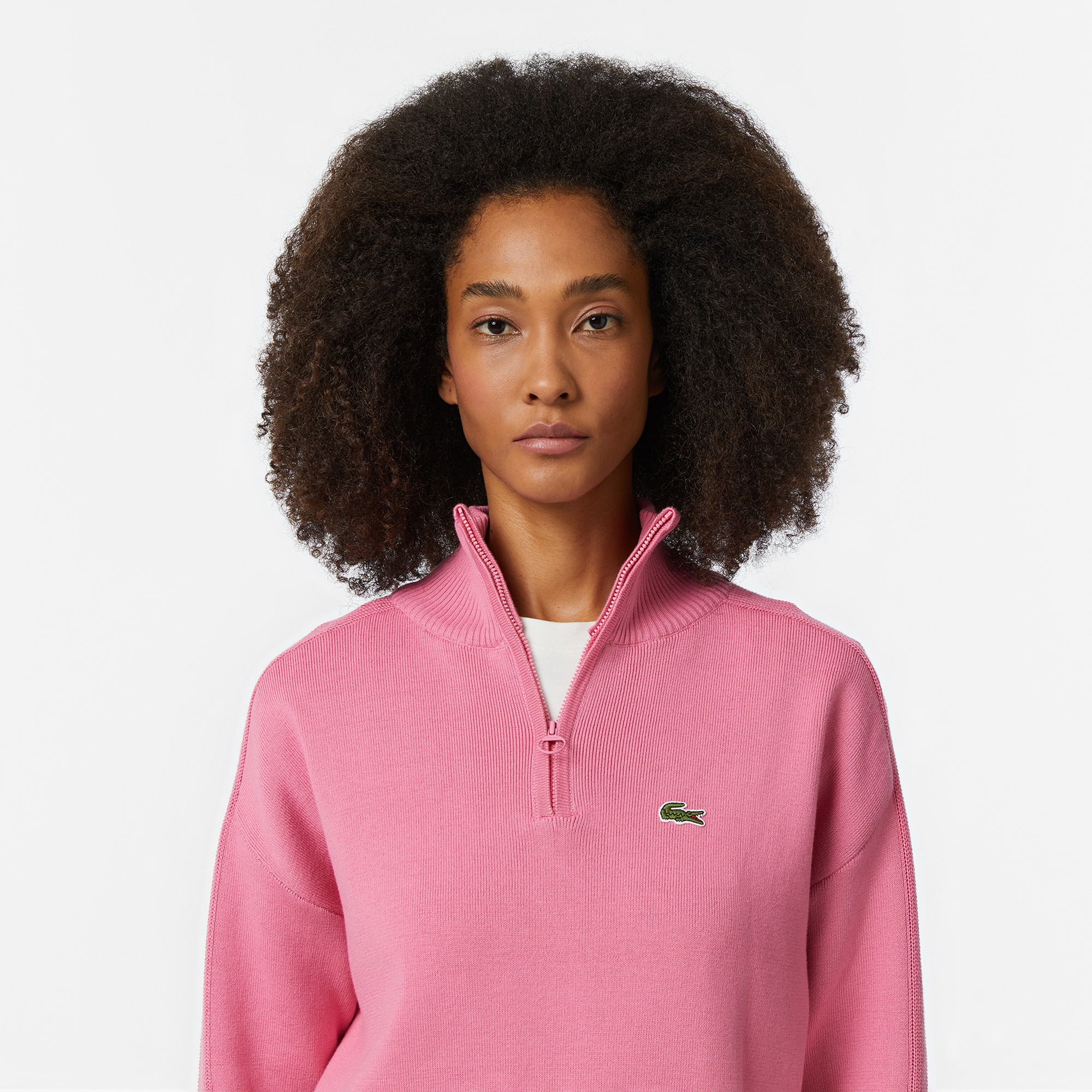 Lacoste Kadın Relaxed Fit Yarım Fermuarlı Pembe Triko