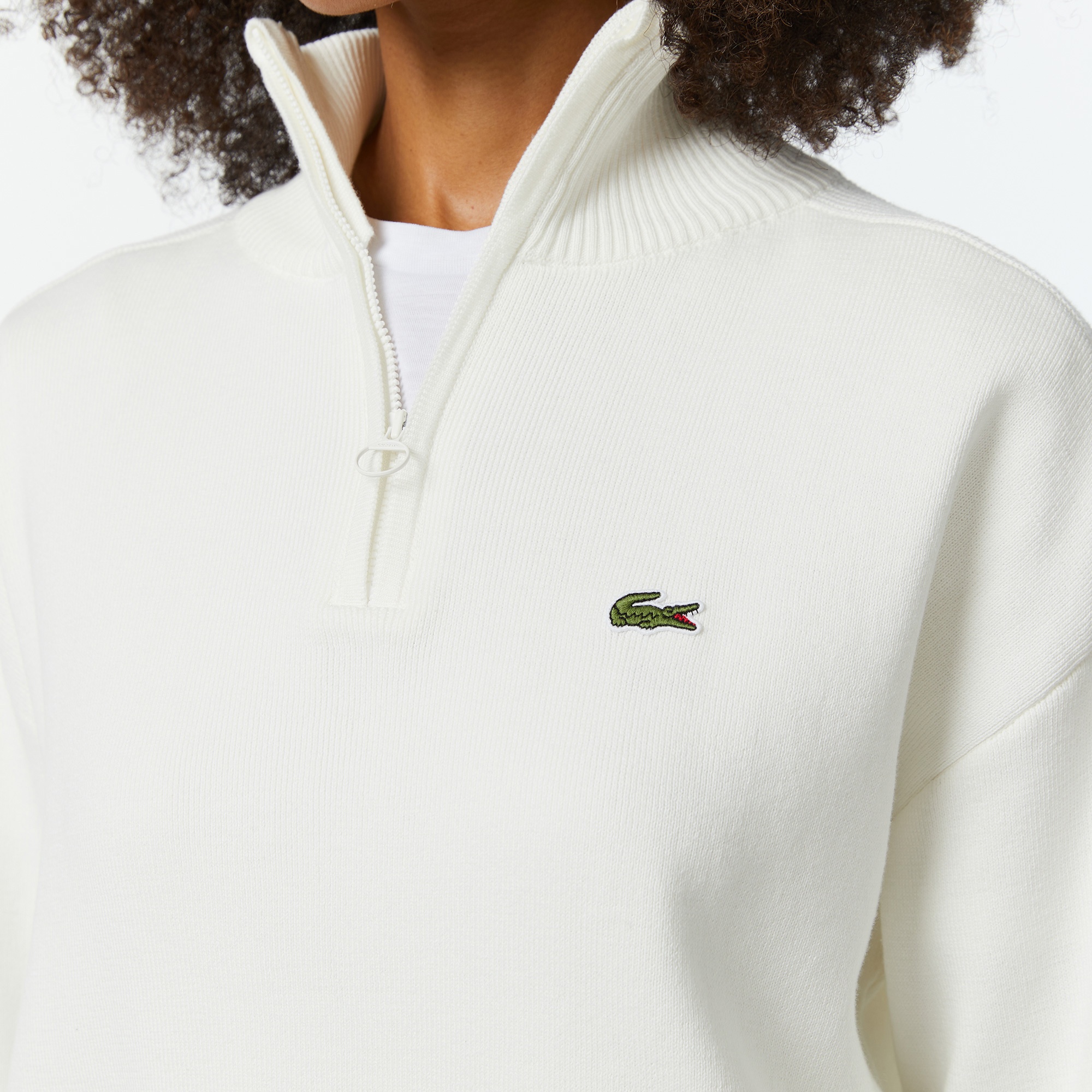 Lacoste Kadın Relaxed Fit Yarım Fermuarlı Beyaz Triko