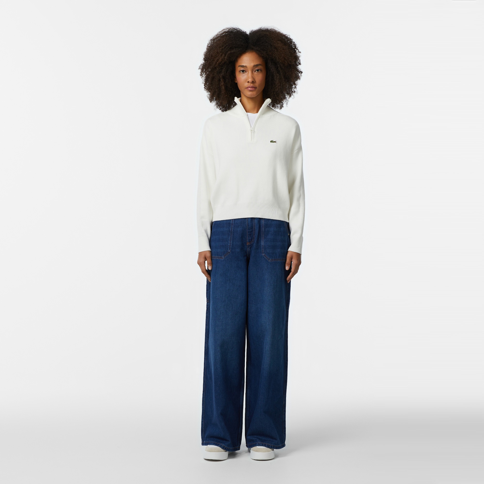 Lacoste Kadın Relaxed Fit Yarım Fermuarlı Beyaz Triko