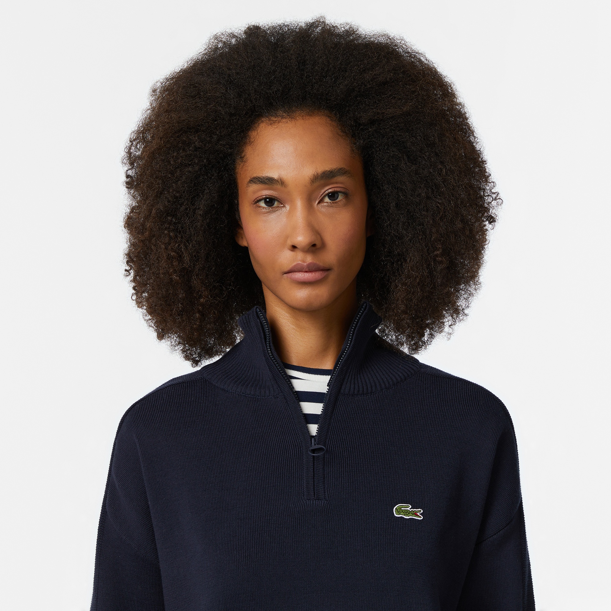 Lacoste Kadın Relaxed Fit Yarım Fermuarlı Lacivert Triko