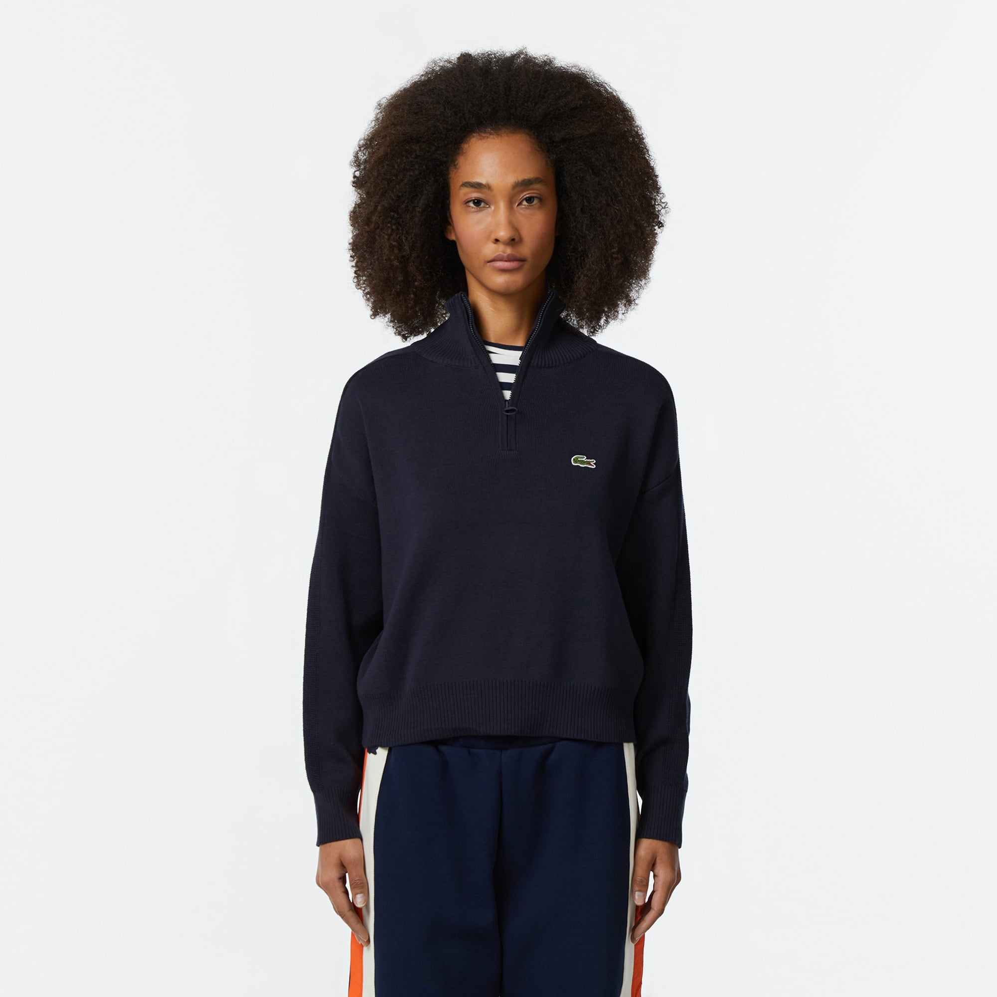 Lacoste Kadın Relaxed Fit Yarım Fermuarlı Lacivert Triko