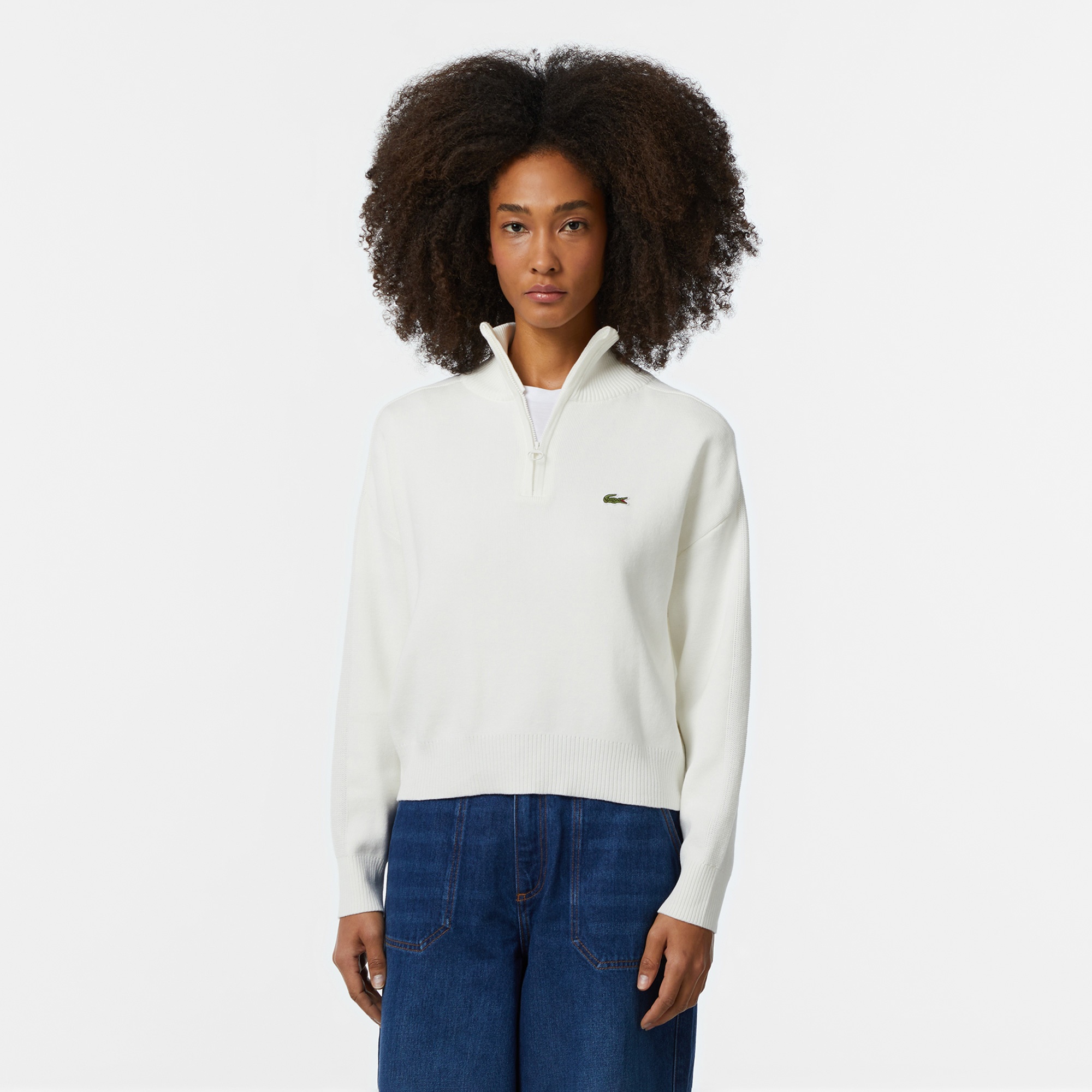 Lacoste Kadın Relaxed Fit Yarım Fermuarlı Beyaz Triko