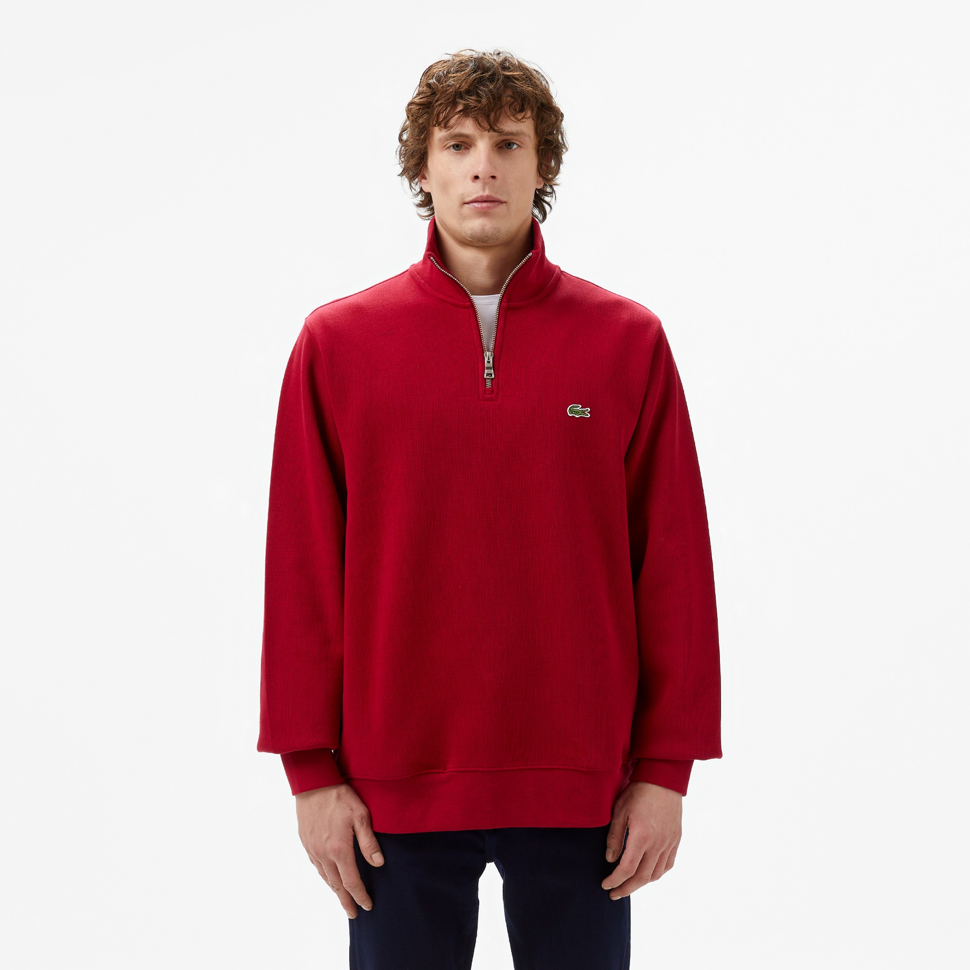 Erkek Classic Fit Yarım Fermuarlı Bordo Sweatshirt