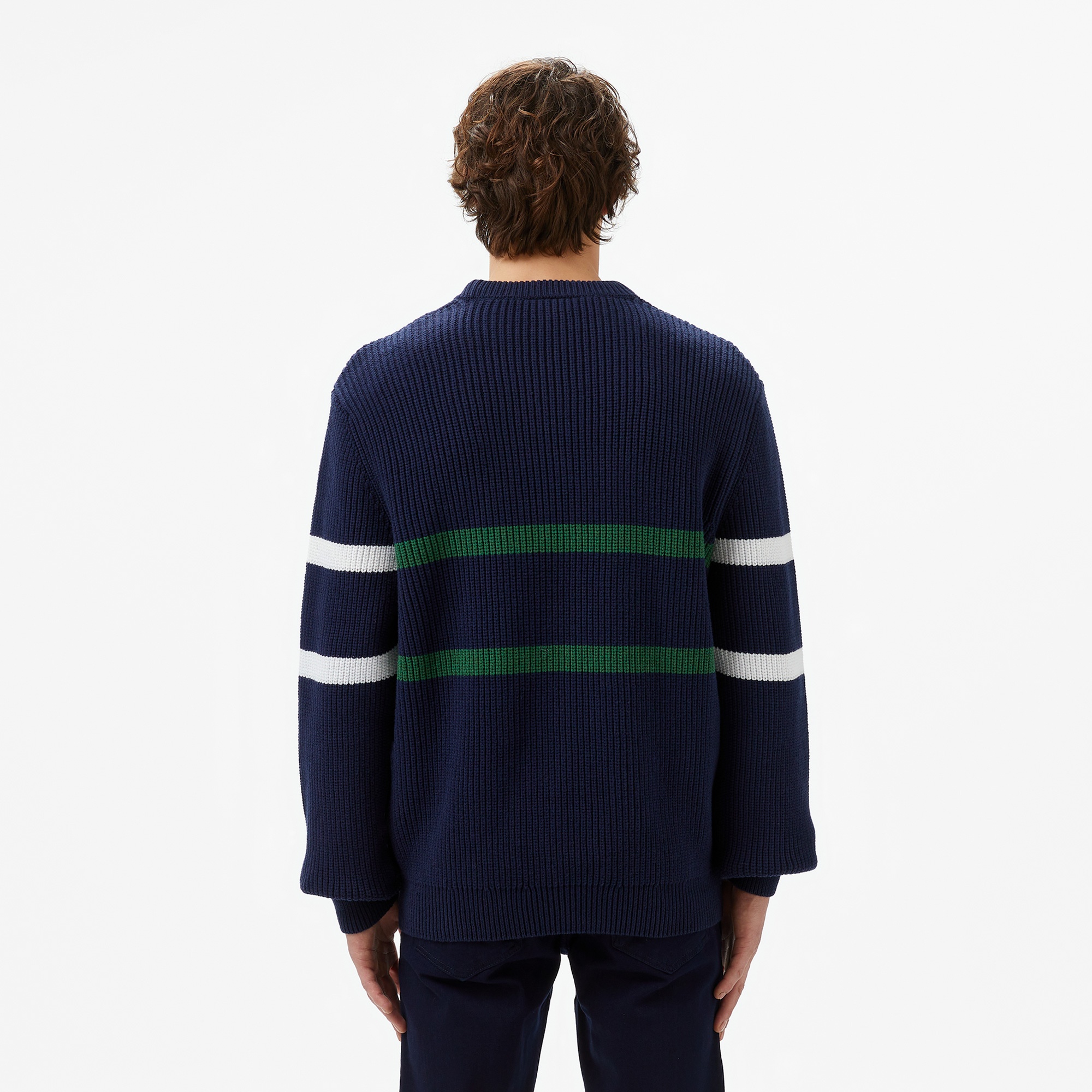 Lacoste Erkek Relaxed Fit Bisiklet Yaka Çizgili Lacivert Kazak