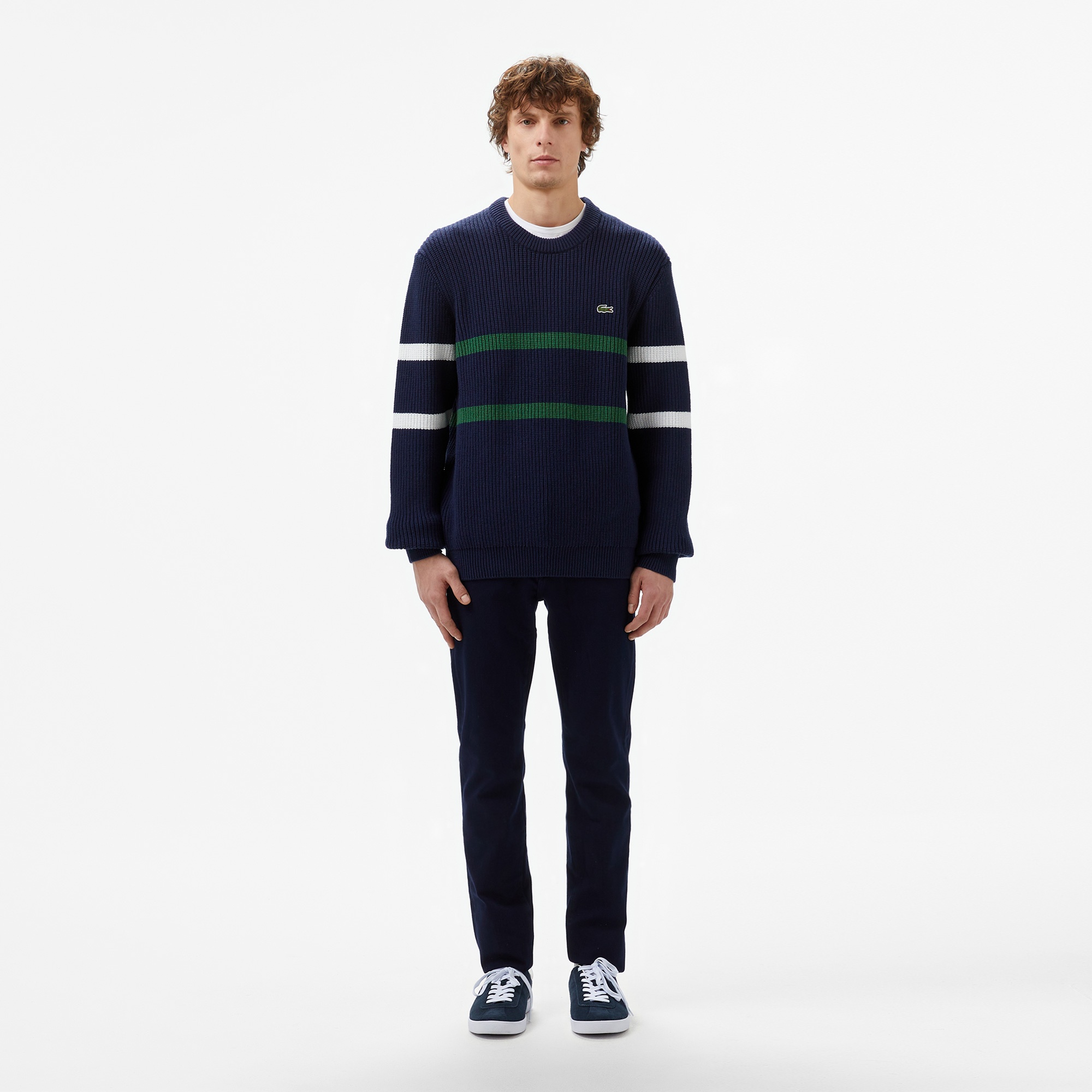 Lacoste Erkek Relaxed Fit Bisiklet Yaka Çizgili Lacivert Kazak