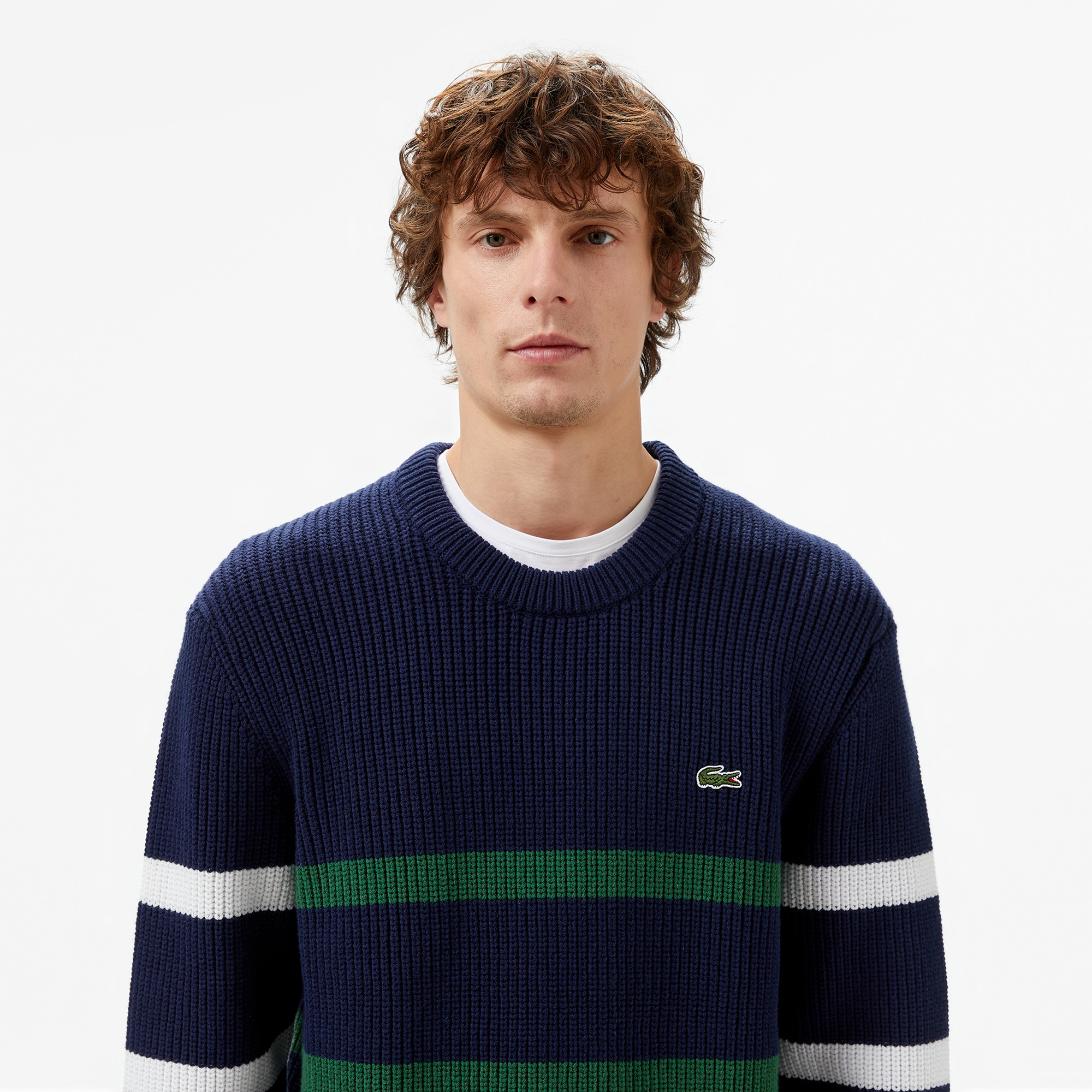 Lacoste Erkek Relaxed Fit Bisiklet Yaka Çizgili Lacivert Kazak