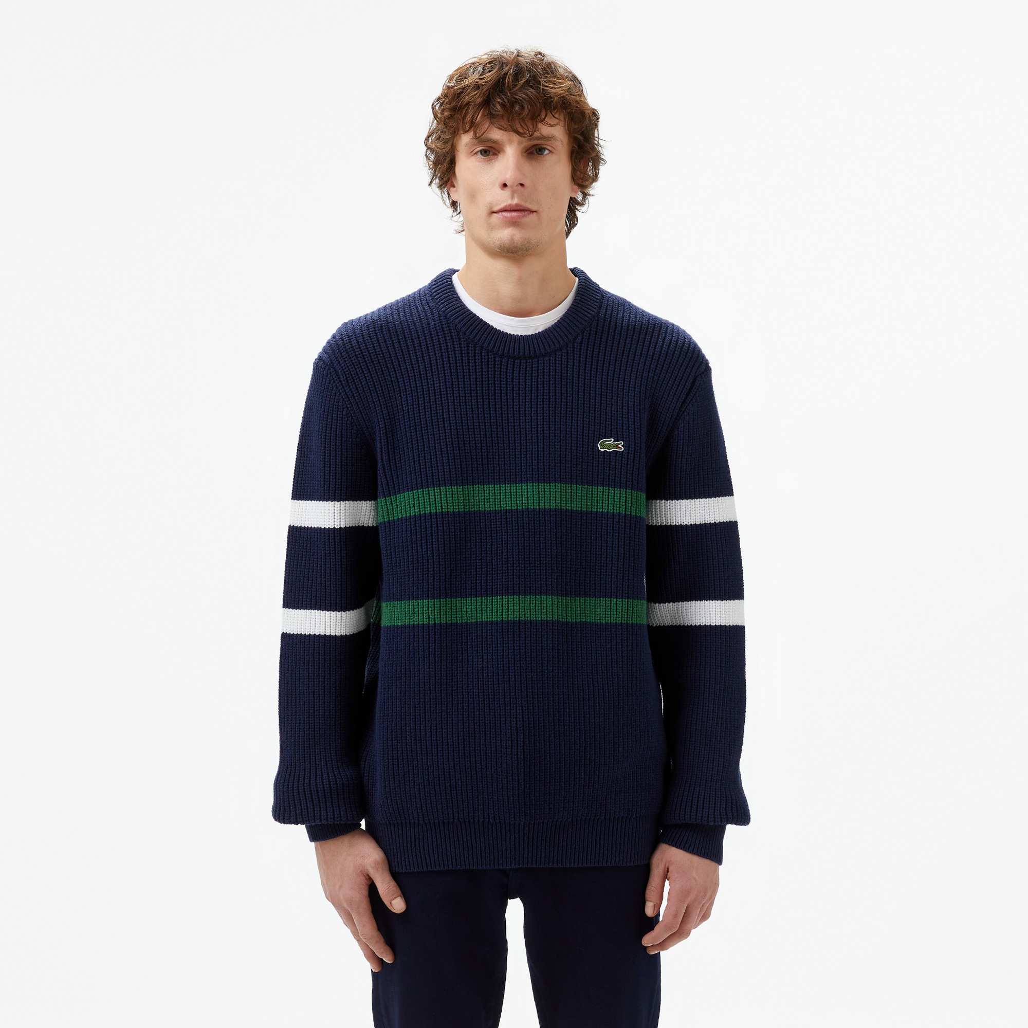 Lacoste Erkek Relaxed Fit Bisiklet Yaka Çizgili Lacivert Kazak