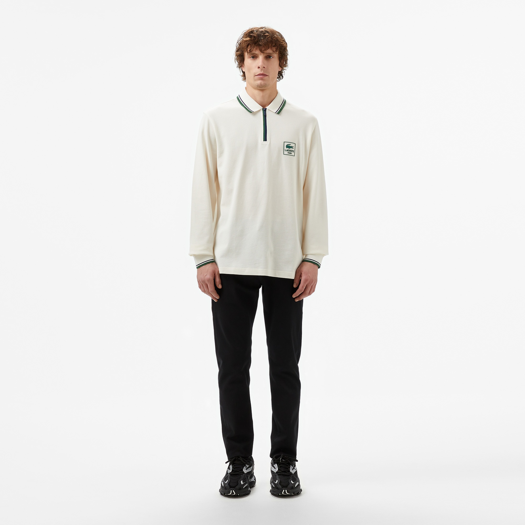Lacoste Erkek Regular Fit Uzun Kollu Yarım Fermuarlı Beyaz Polo