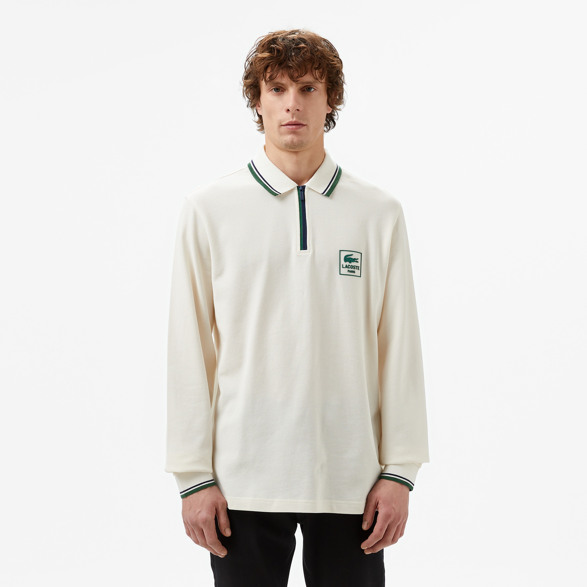 Lacoste Erkek Regular Fit Uzun Kollu Yarım Fermuarlı Beyaz Polo