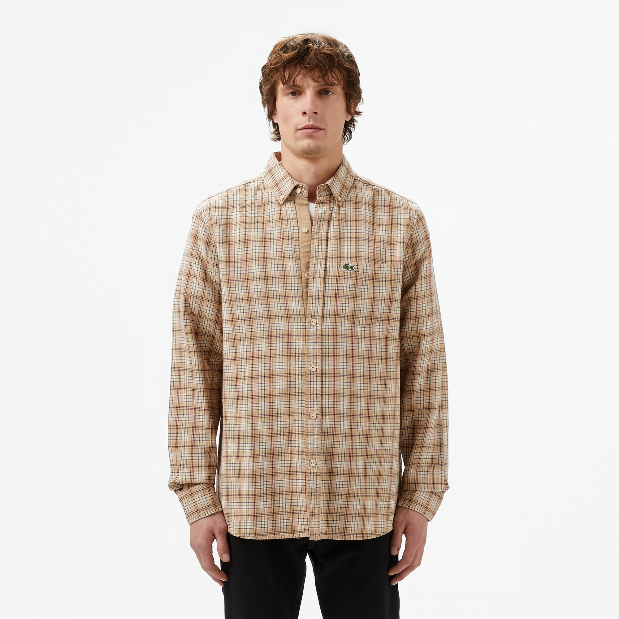 Lacoste Erkek Regular Fit Düğmeli Yaka Ekose Kahverengi Gömlek