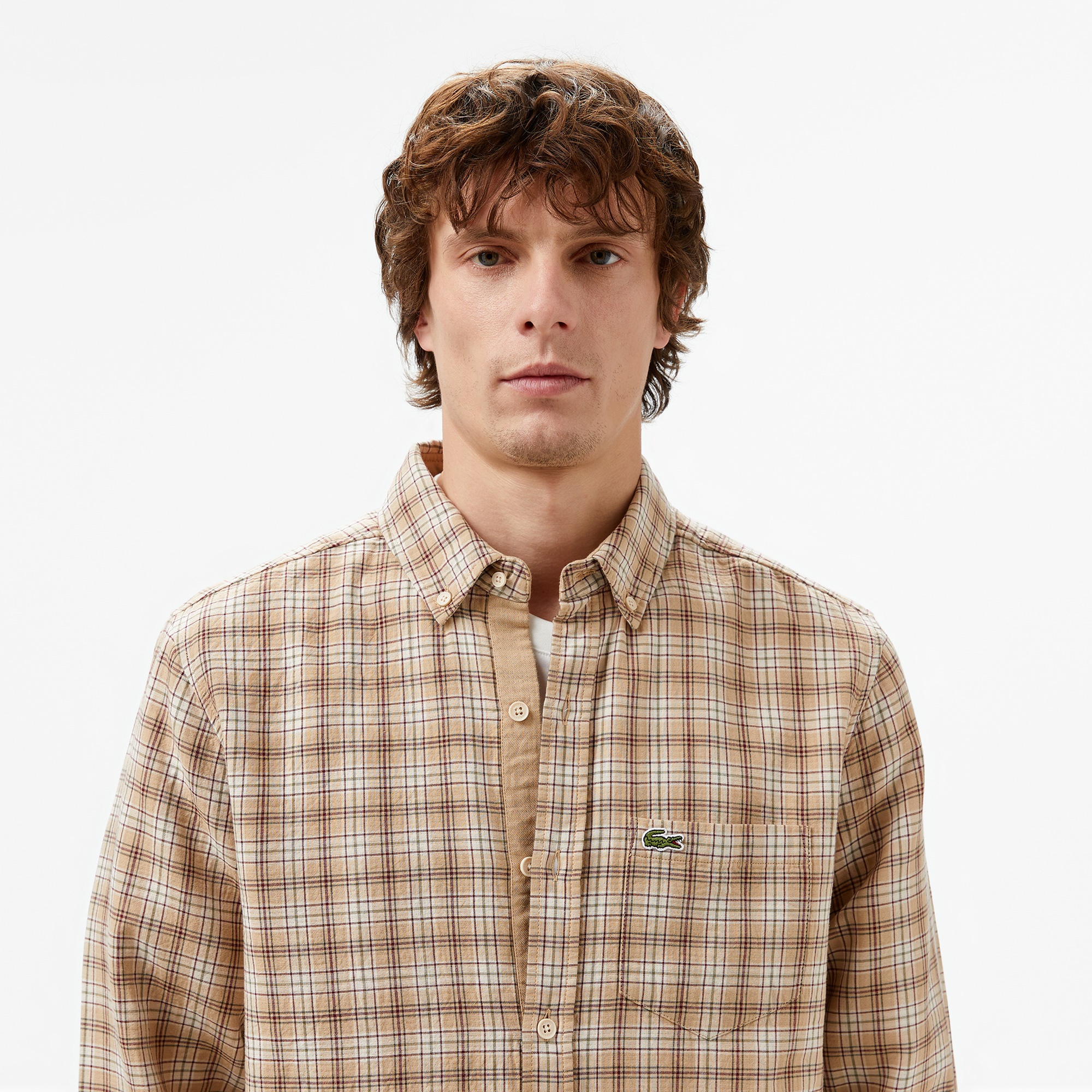 Lacoste Erkek Regular Fit Düğmeli Yaka Ekose Kahverengi Gömlek