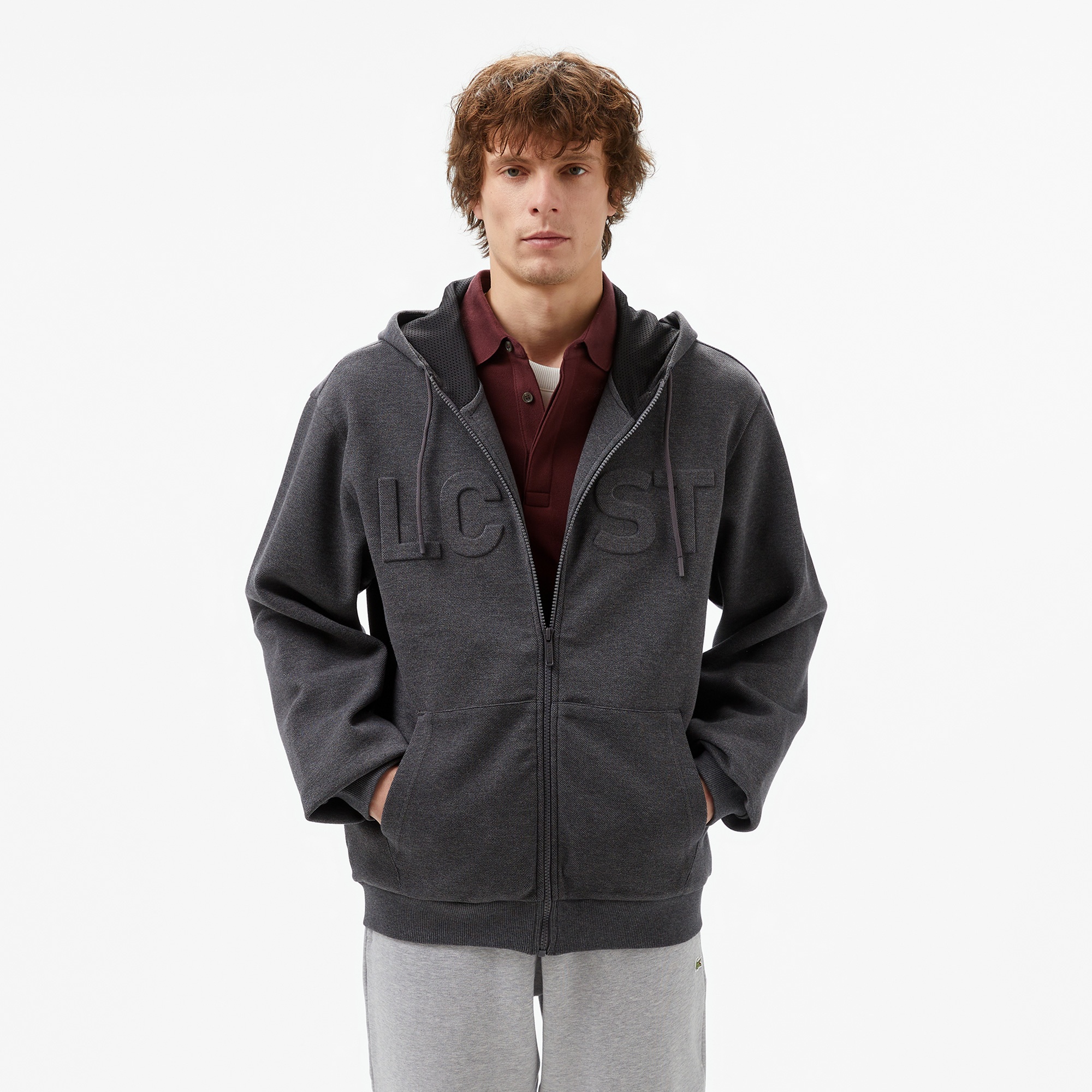 Lacoste Erkek Relaxed Fit Kapüşonlu Baskılı Gri Sweatshirt