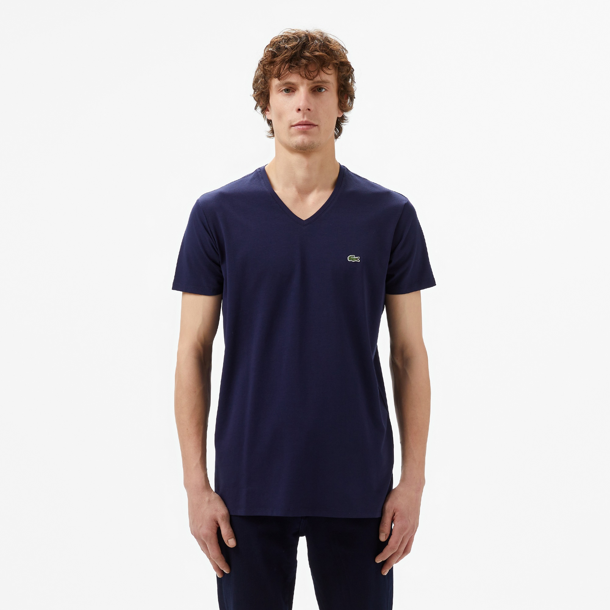 Erkek Slim Fit V yaka Lacivert T-Shirt