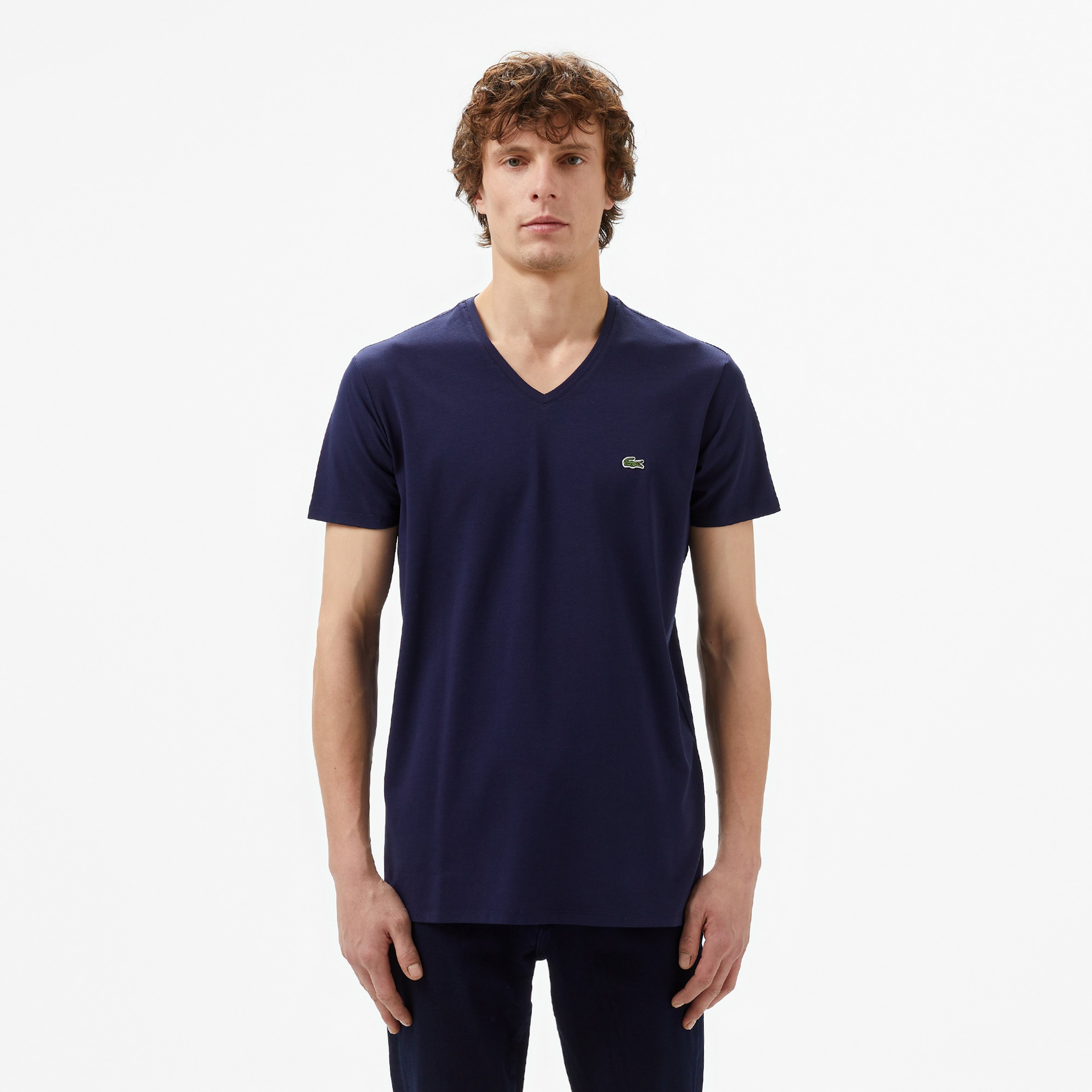 Erkek Slim Fit V yaka Lacivert T-Shirt
