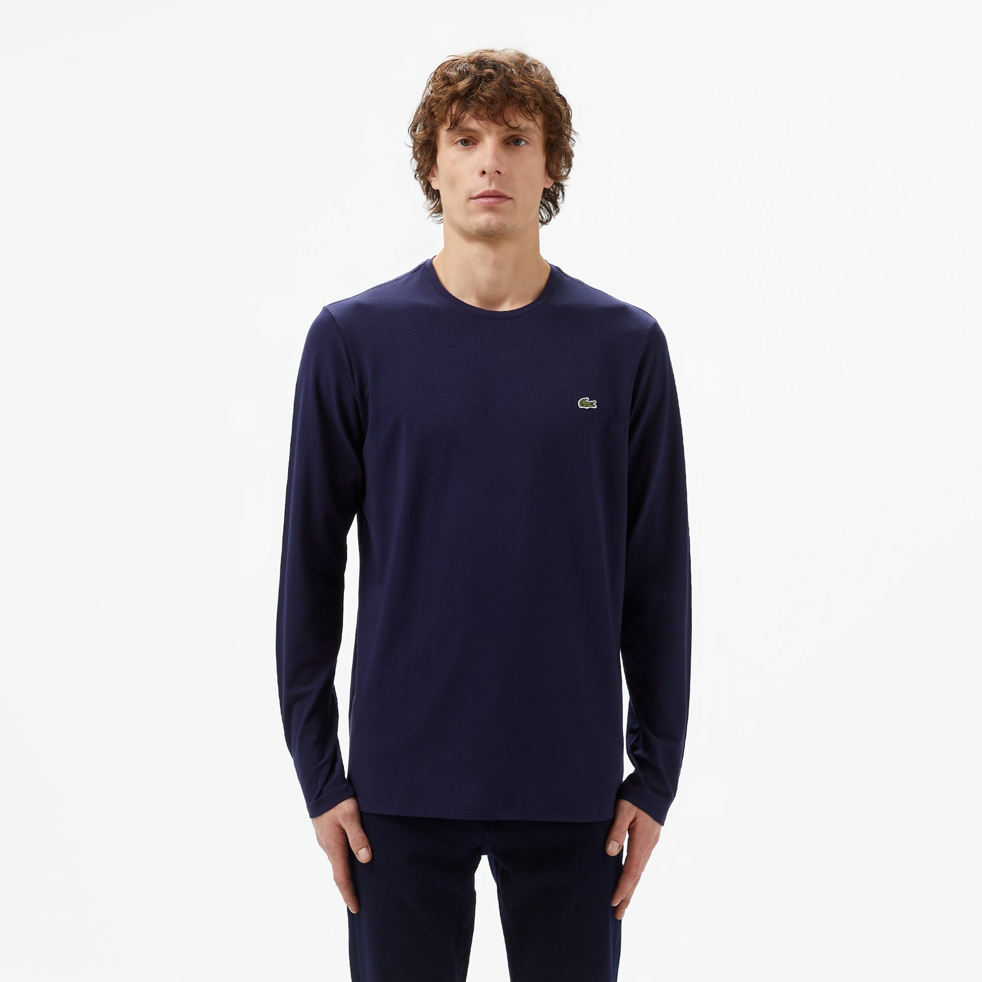 Erkek Slim Fit Uzun Kollu Bisiklet Yaka Lacivert T-Shirt