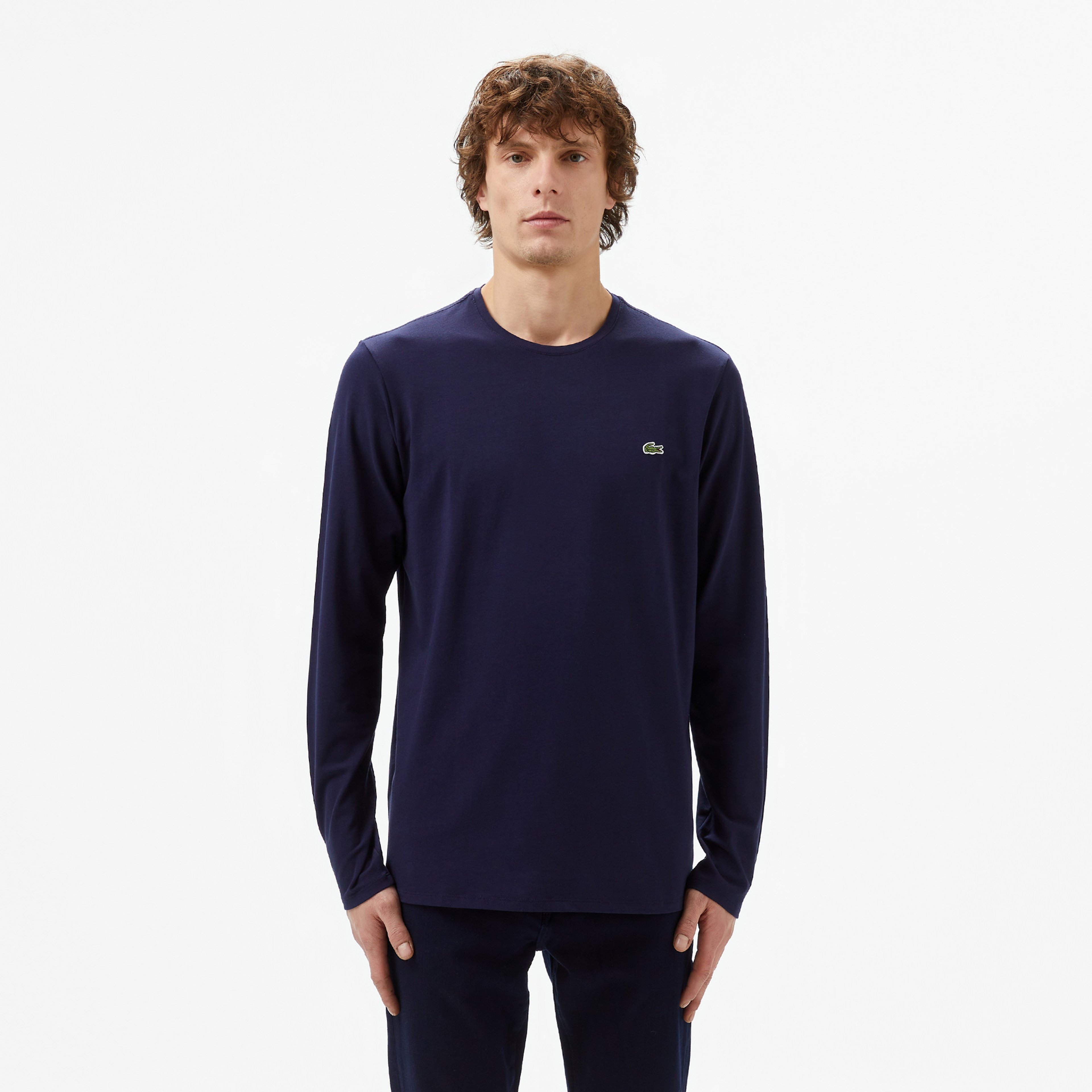 Erkek Slim Fit Uzun Kollu Bisiklet Yaka Lacivert T-Shirt