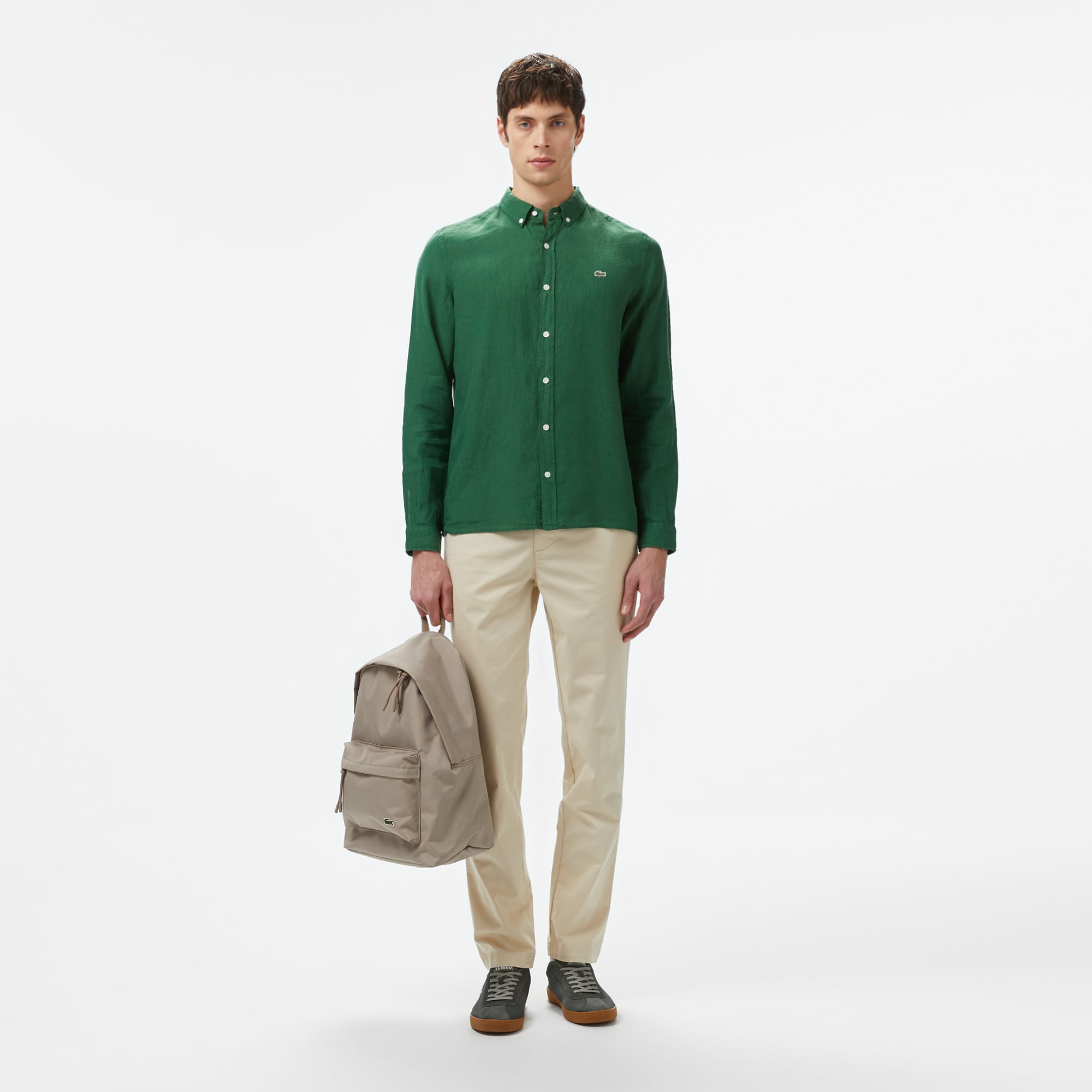 Lacoste Erkek Regular Fit Düğmeli Yaka Keten Koyu Yeşil Gömlek görsel 4