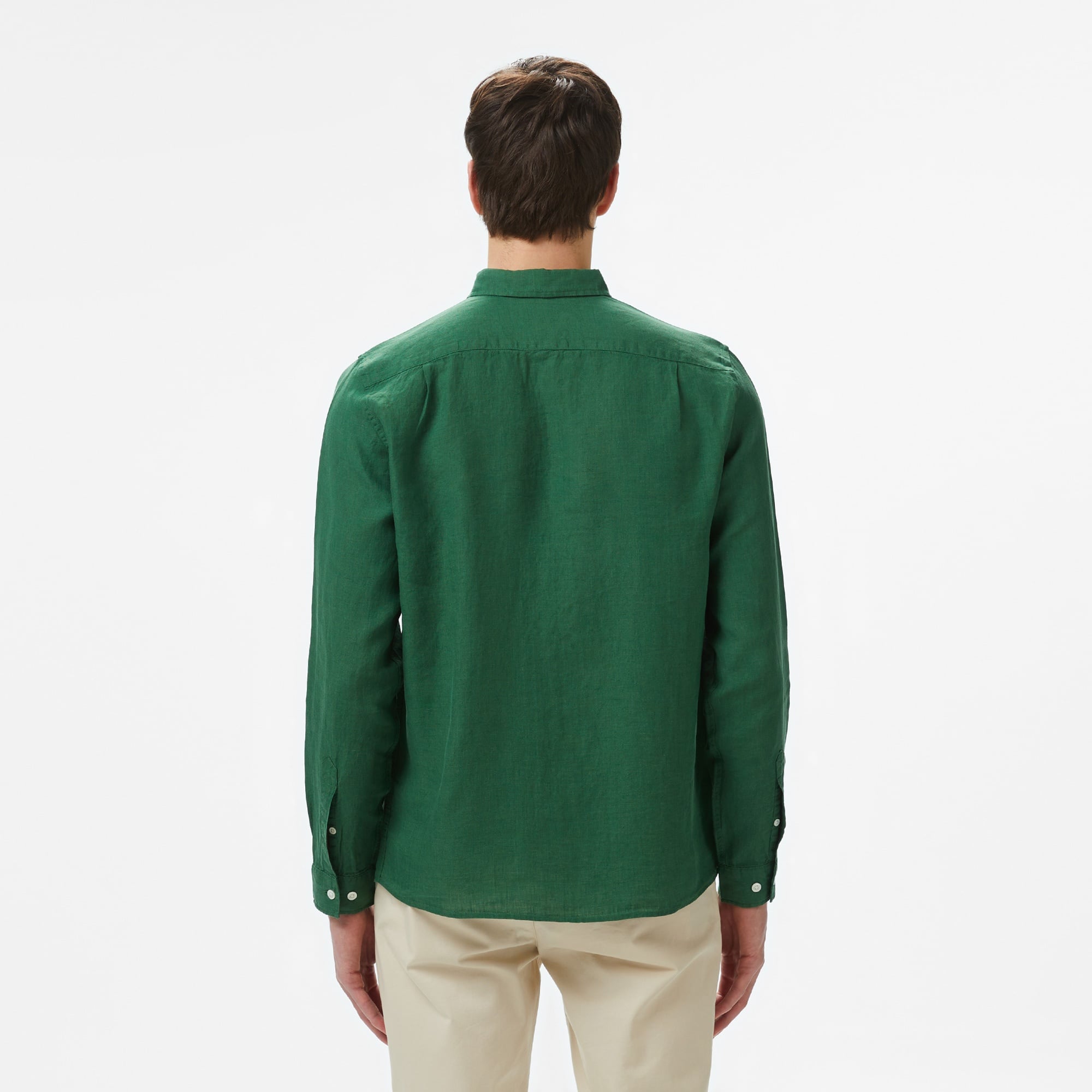 Erkek Regular Fit Düğmeli Yaka Keten Koyu Yeşil Gömlek