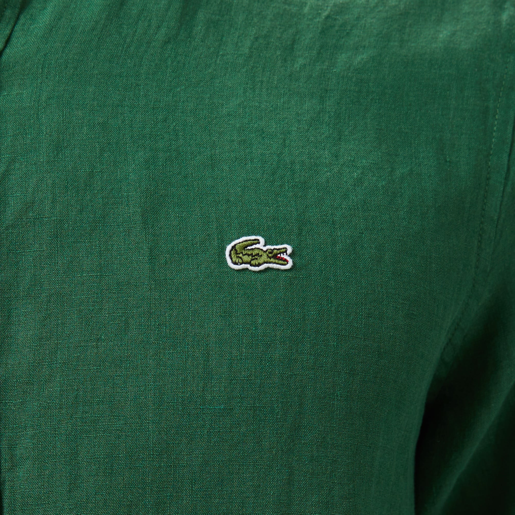 Erkek Regular Fit Düğmeli Yaka Keten Koyu Yeşil Gömlek