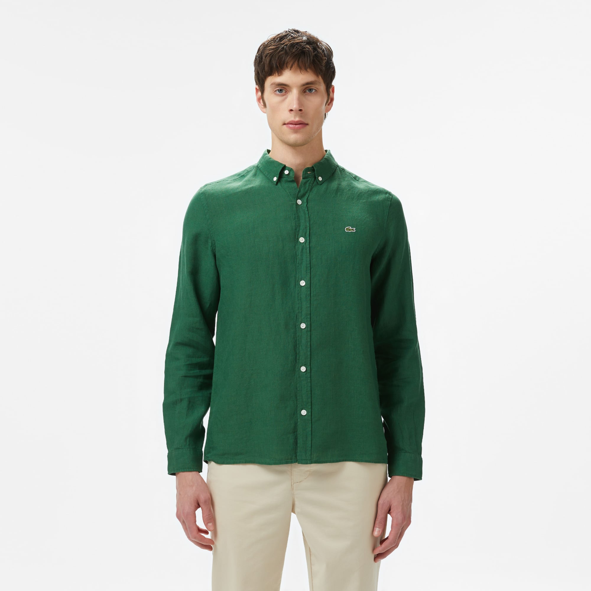 Lacoste Erkek Regular Fit Düğmeli Yaka Keten Koyu Yeşil Gömlek