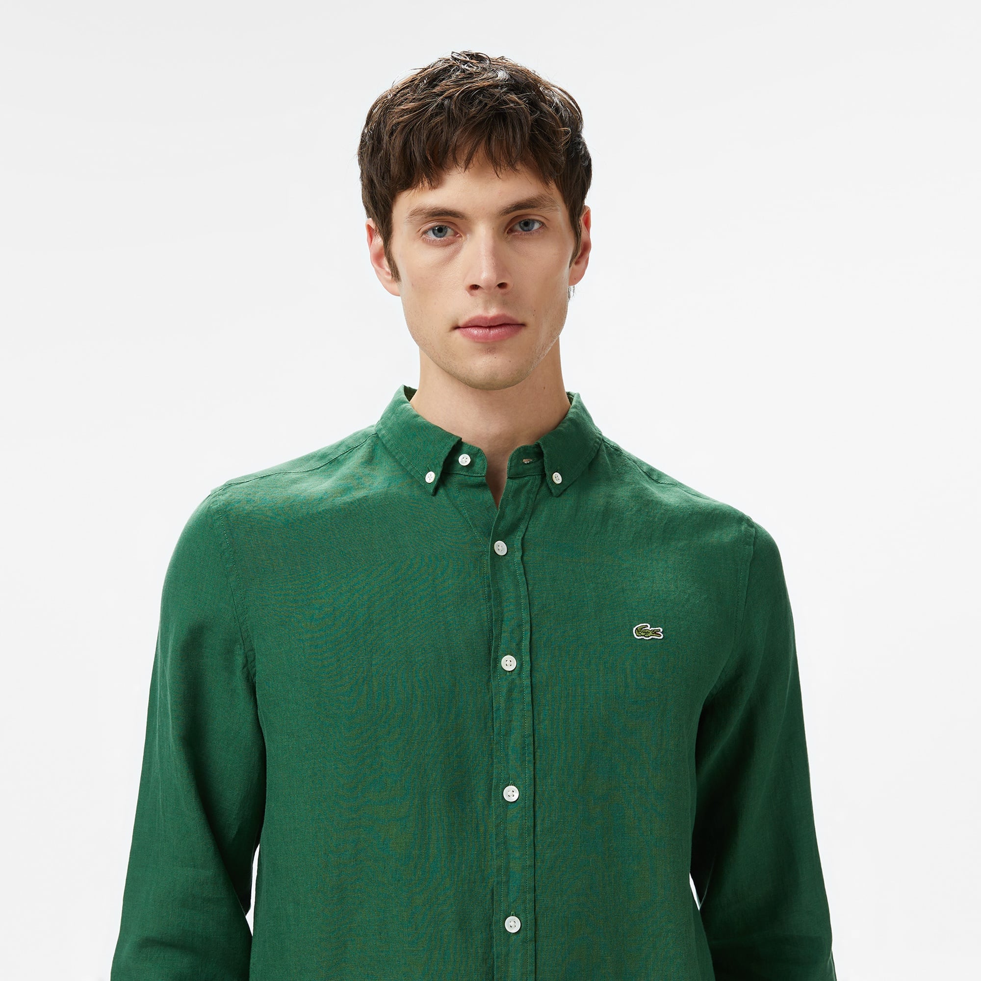 Erkek Regular Fit Düğmeli Yaka Keten Koyu Yeşil Gömlek