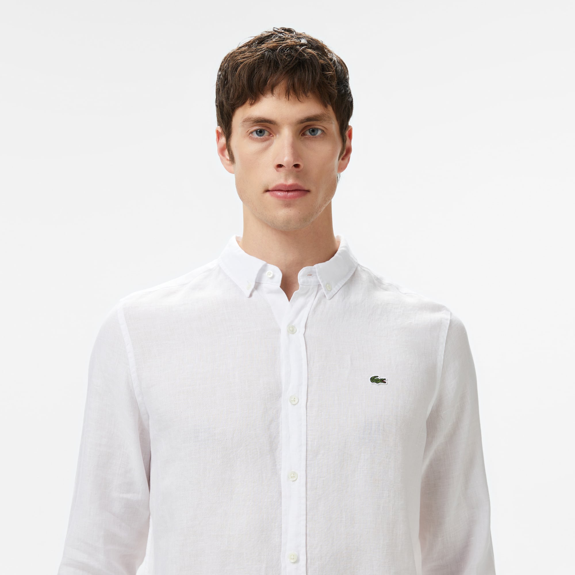 Lacoste Erkek Regular Fit Düğmeli Yaka Keten Beyaz Gömlek görsel 2