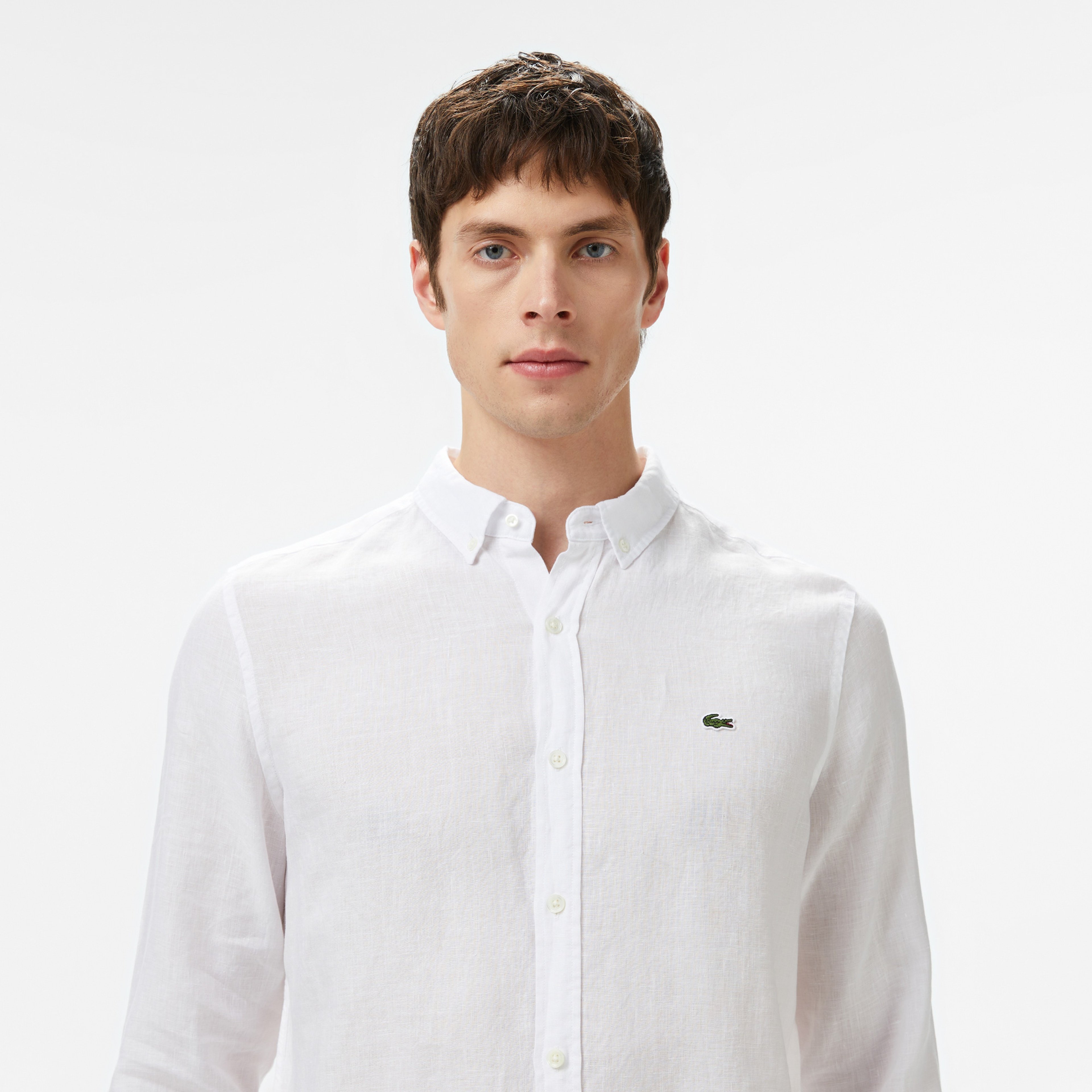 Erkek Regular Fit Düğmeli Yaka Keten Beyaz Gömlek