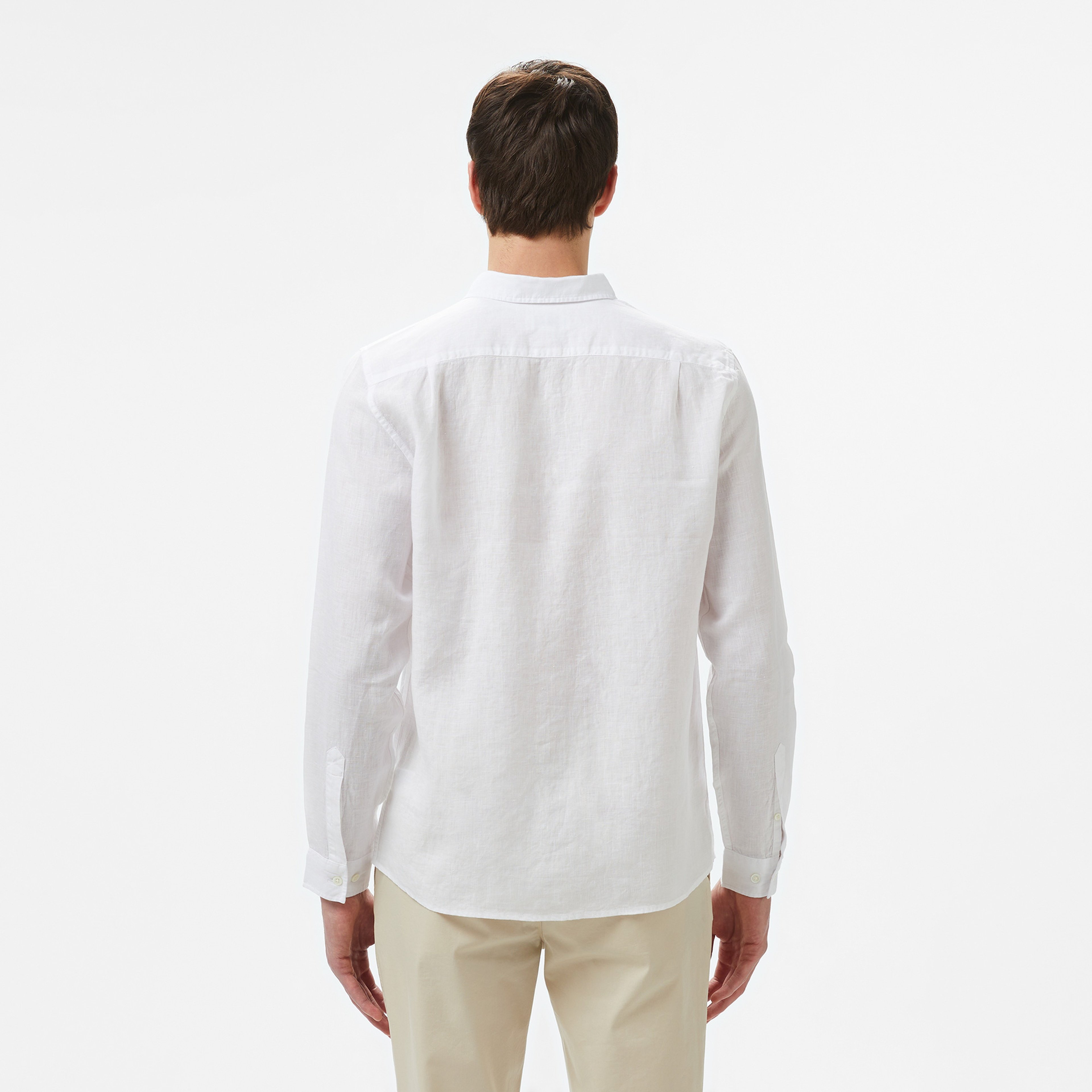 Erkek Regular Fit Düğmeli Yaka Keten Beyaz Gömlek