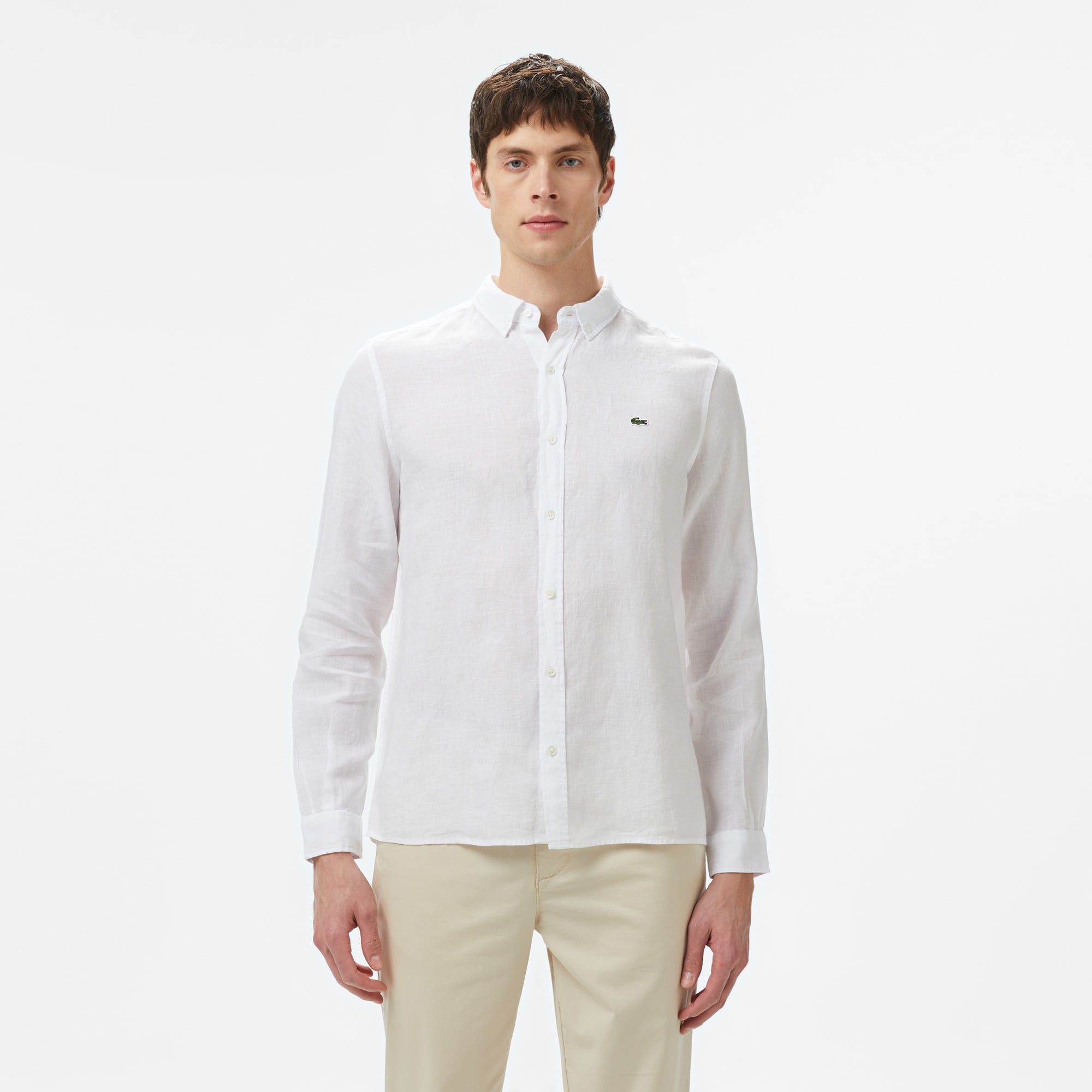 Lacoste Erkek Regular Fit Düğmeli Yaka Keten Beyaz Gömlek