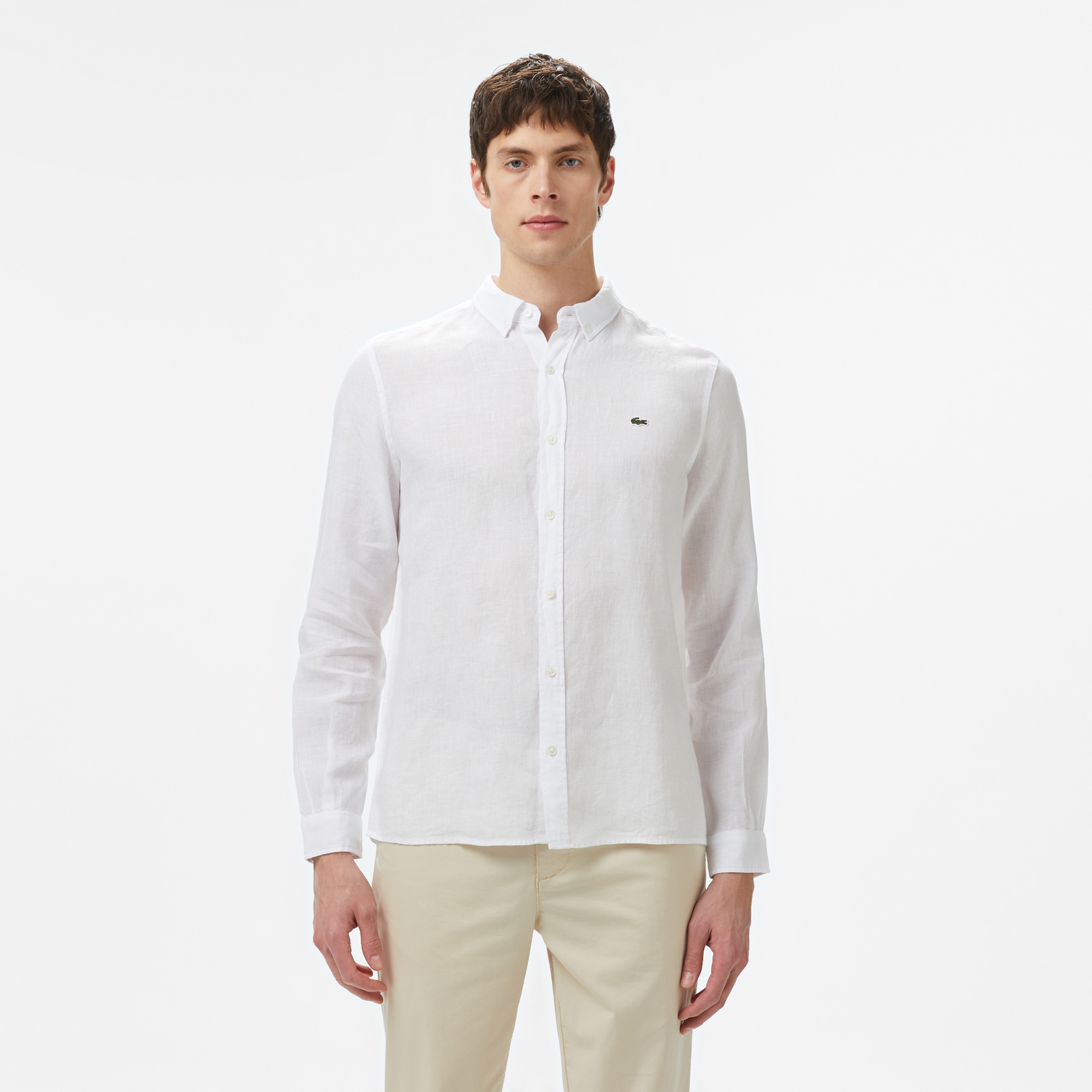 Erkek Regular Fit Düğmeli Yaka Keten Beyaz Gömlek