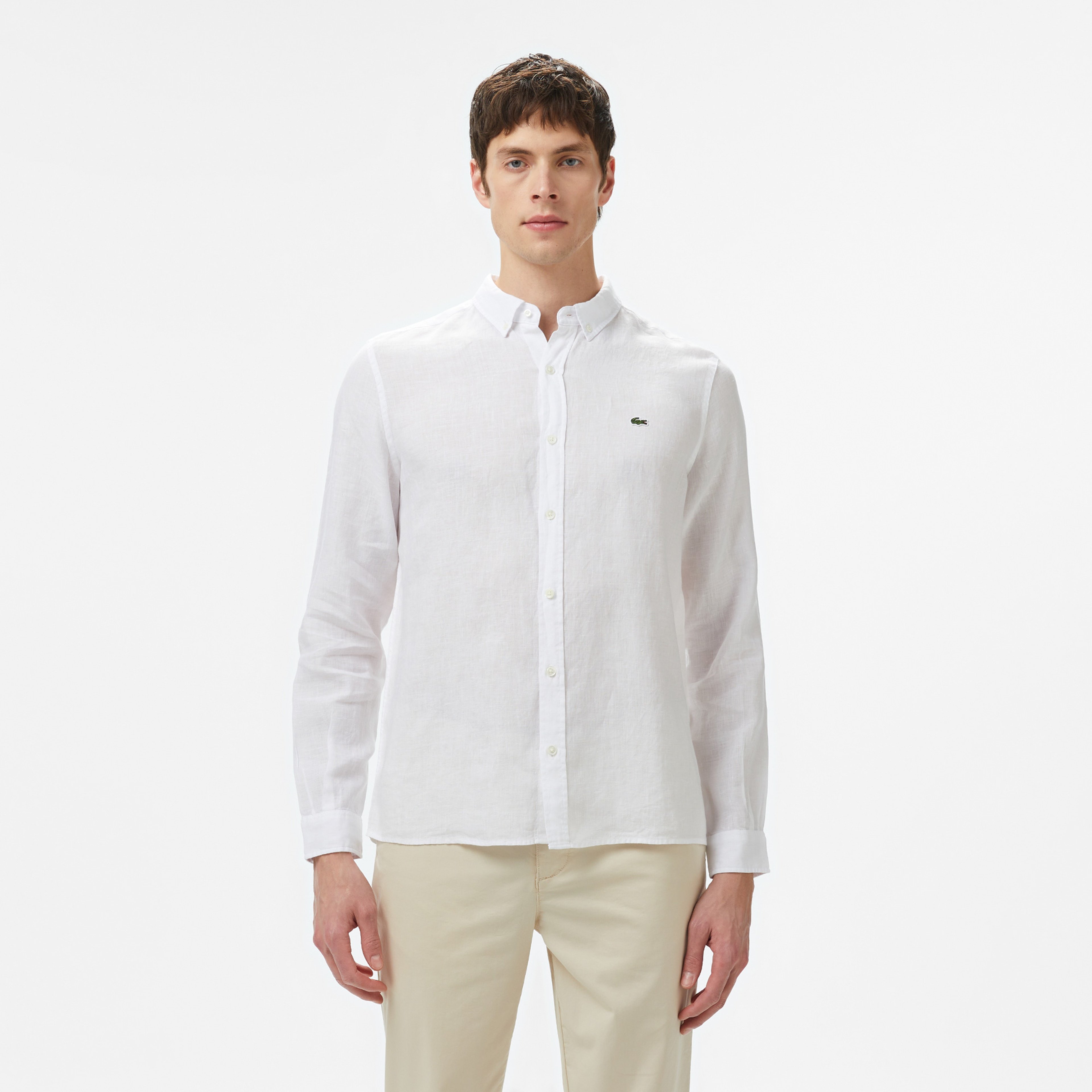 Erkek Regular Fit Düğmeli Yaka Keten Beyaz Gömlek