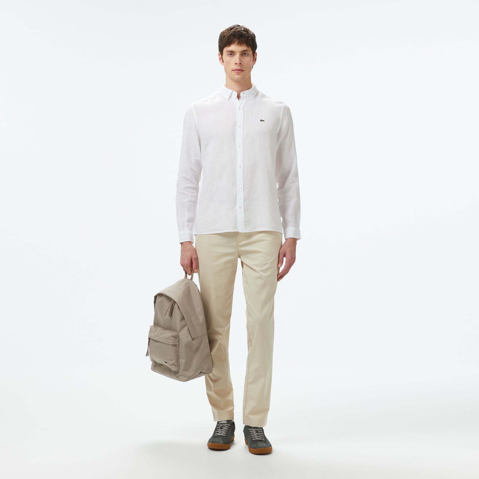 Lacoste Erkek Regular Fit Düğmeli Yaka Keten Beyaz Gömlek görsel 4